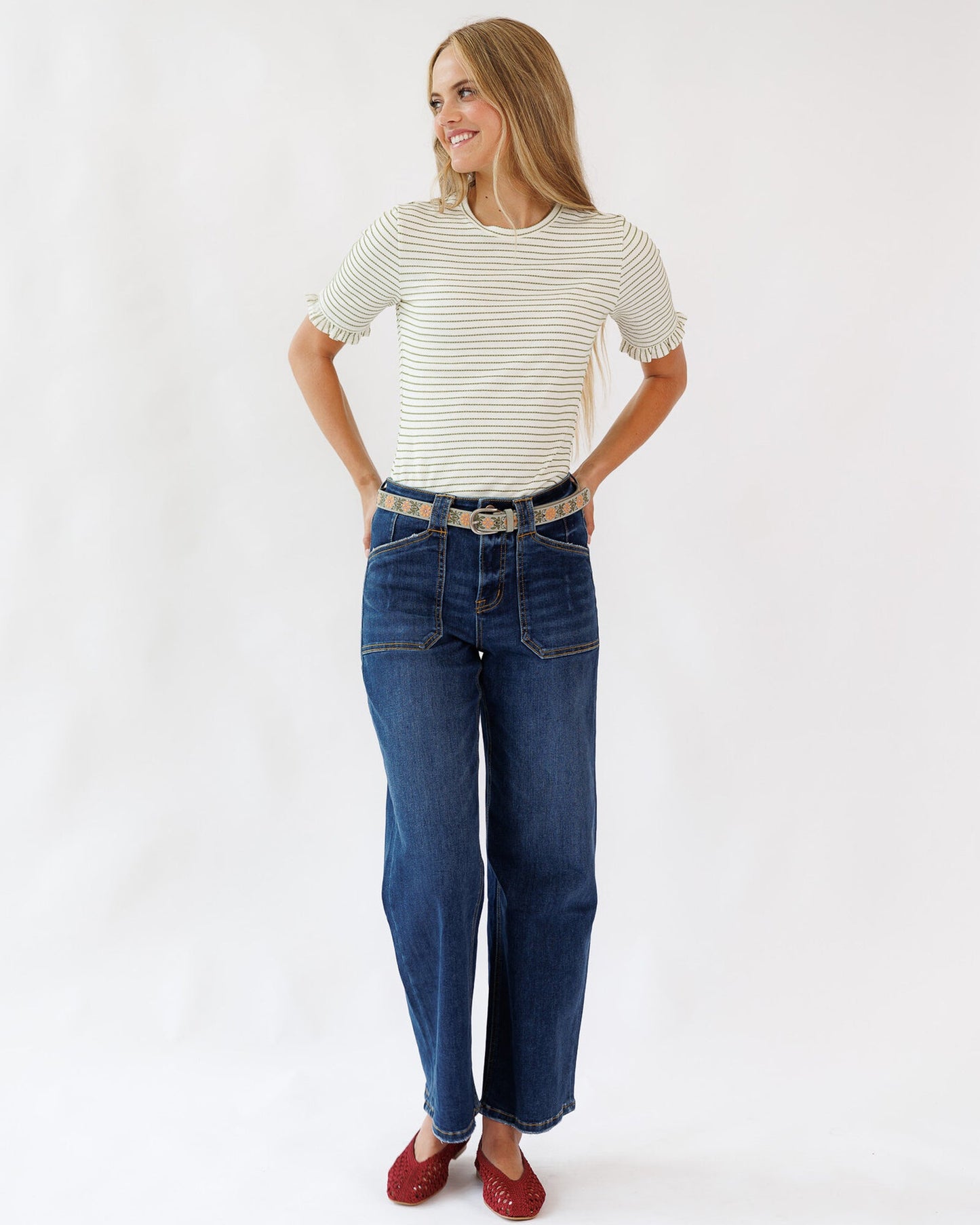 Striped Mini Ruffle Tee Short Sleeve Cotton Blend Shirt