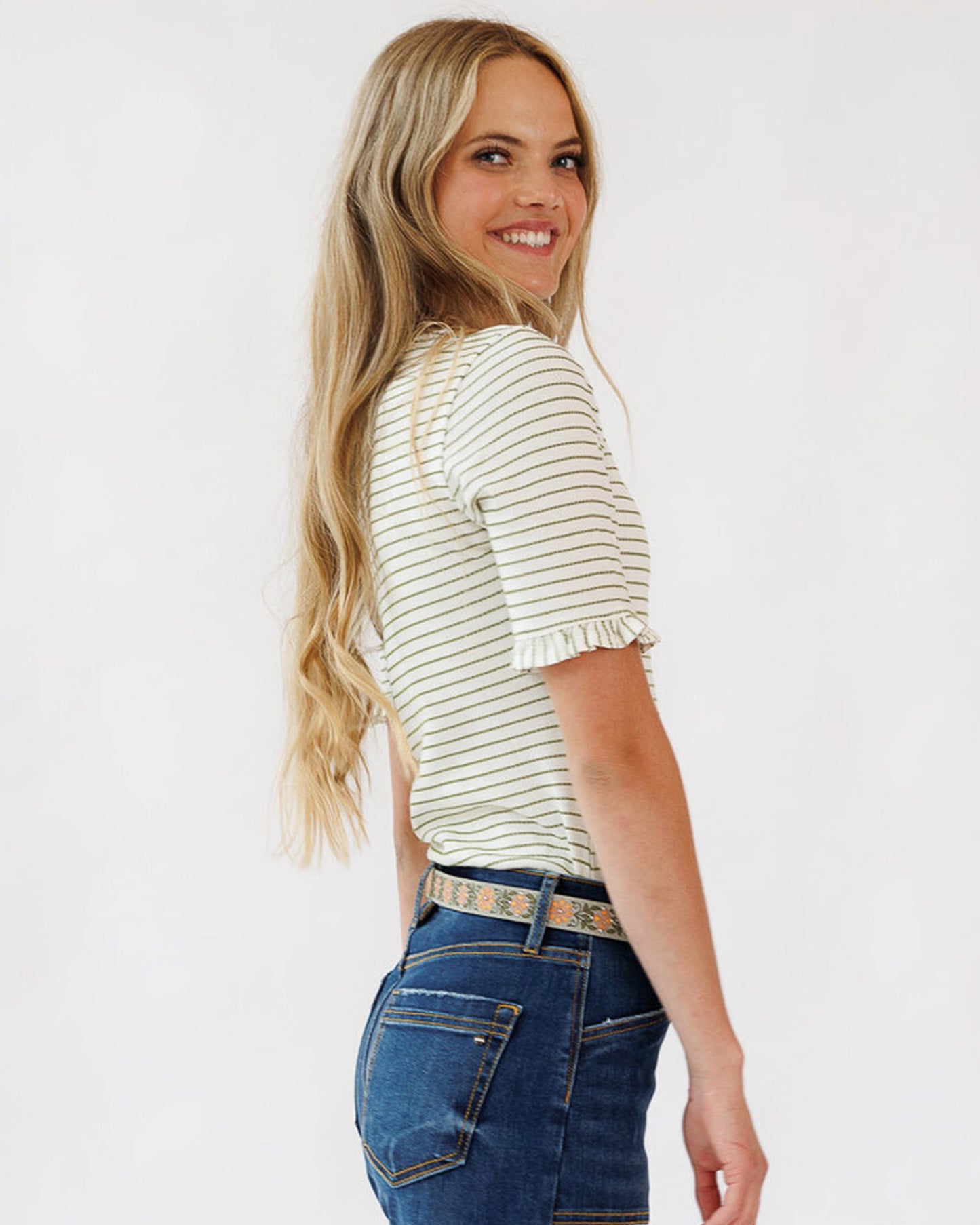 Striped Mini Ruffle Tee Short Sleeve Cotton Blend Shirt