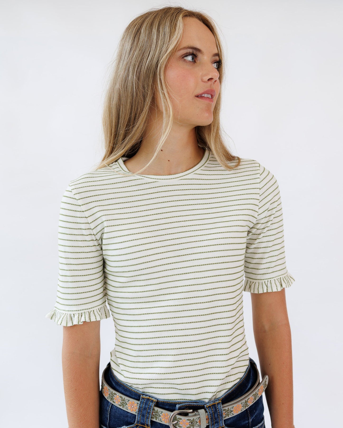 Striped Mini Ruffle Tee Short Sleeve Cotton Blend Shirt