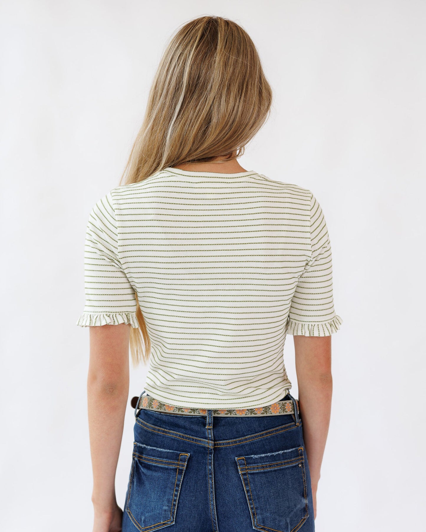 Striped Mini Ruffle Tee Short Sleeve Cotton Blend Shirt