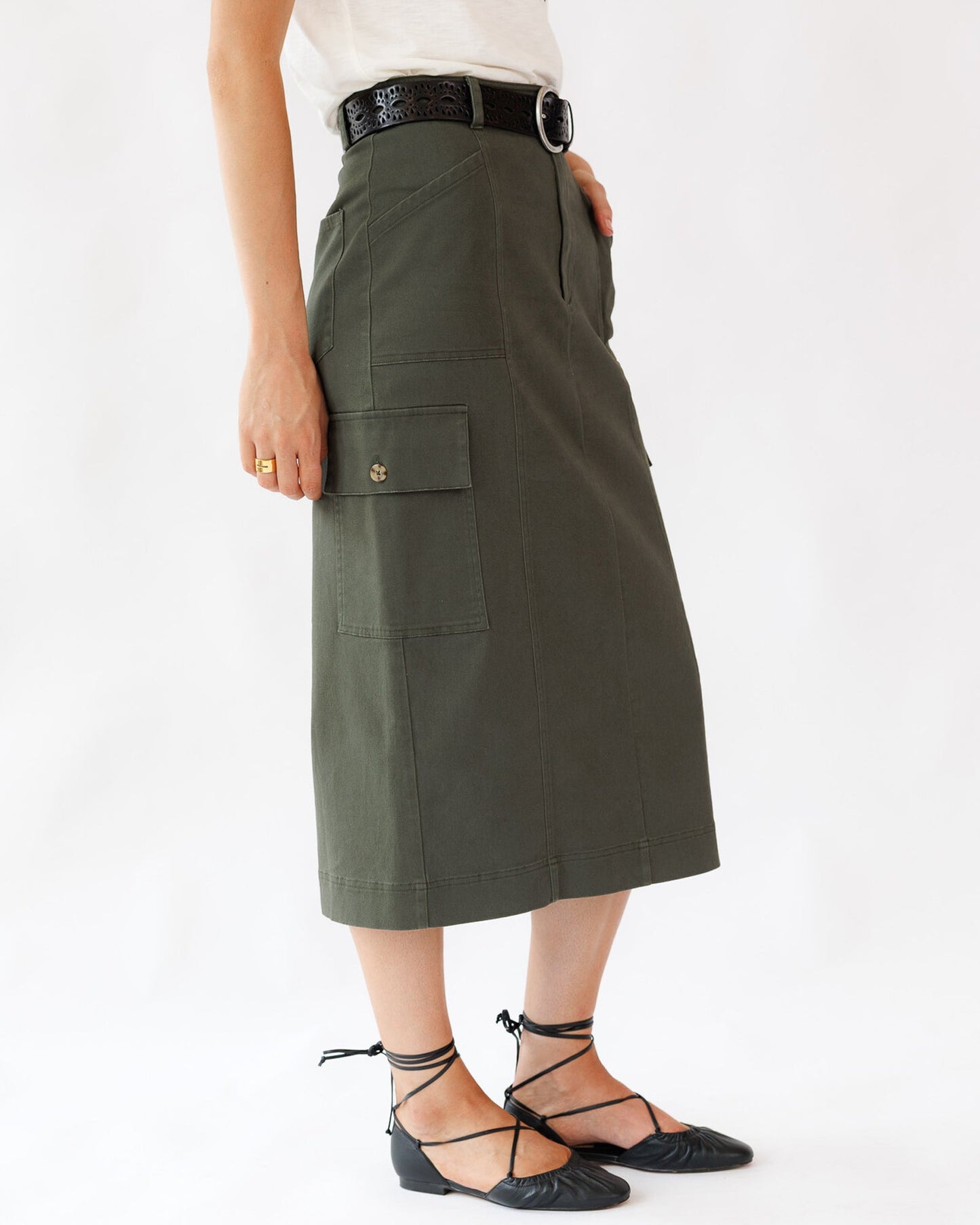 Whitney Skirt Midi Length Pencil With Cargo Pockets Zipper