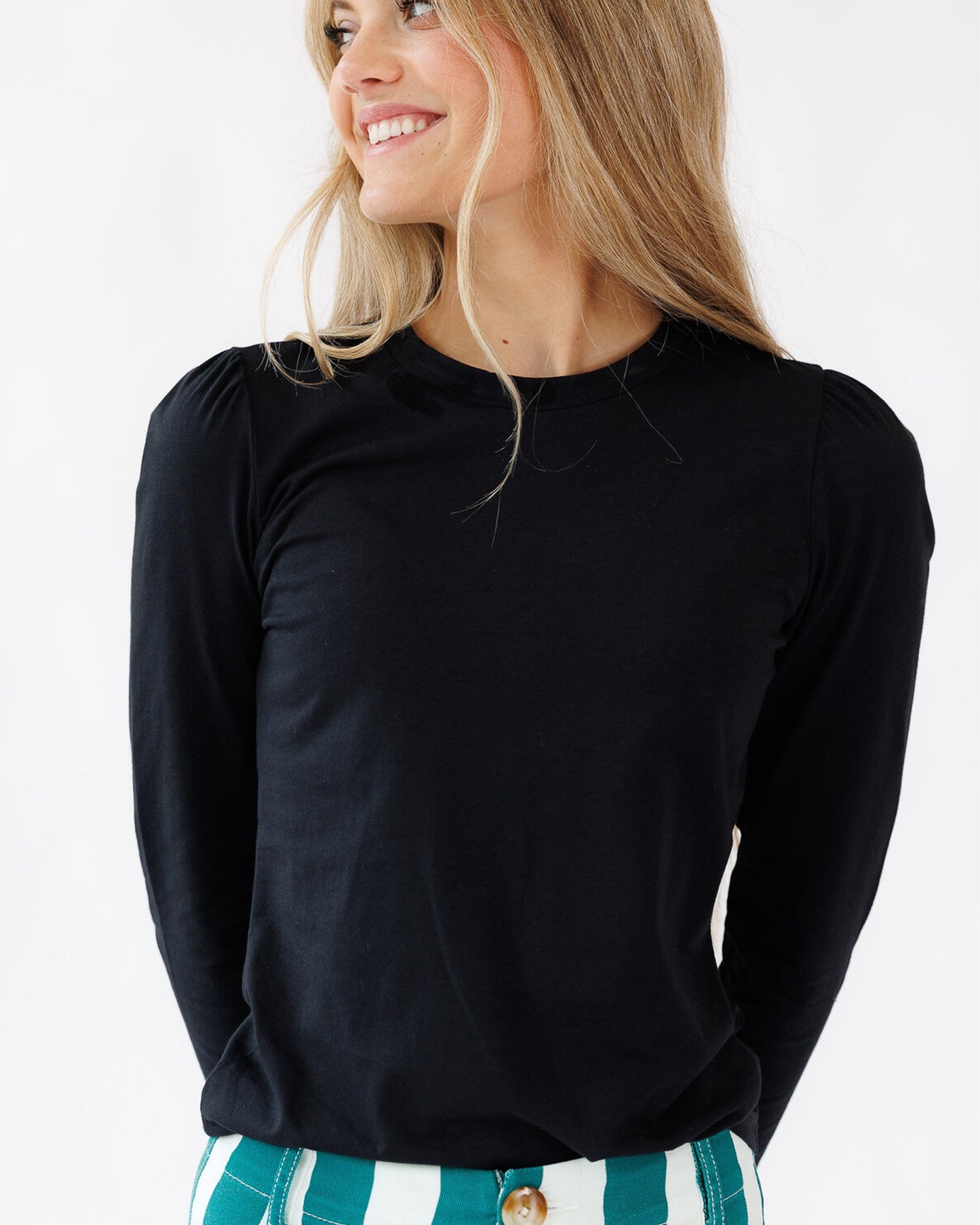 Three Quarter Sleeve Tee With Gathered Shoulders Spandex