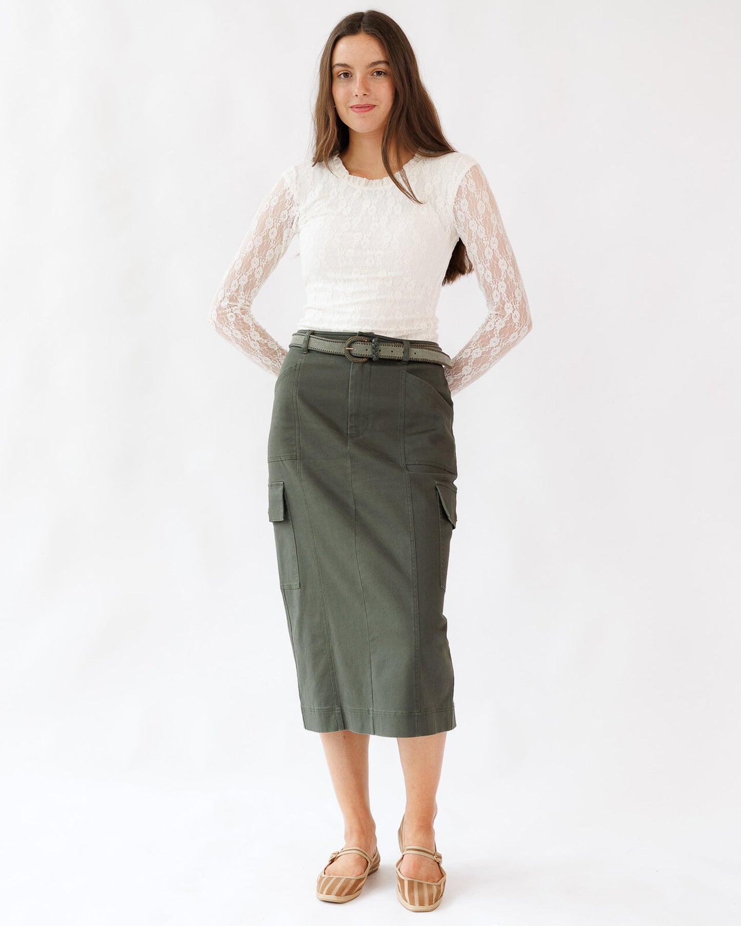 Whitney Skirt Midi Length Pencil With Cargo Pockets Zipper