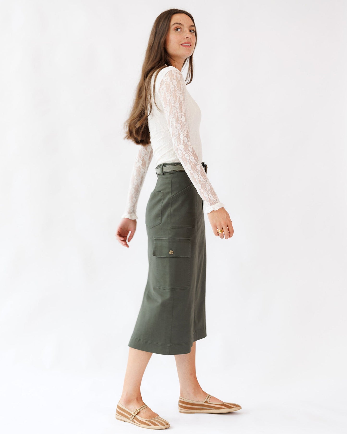 Whitney Skirt Midi Length Pencil With Cargo Pockets Zipper