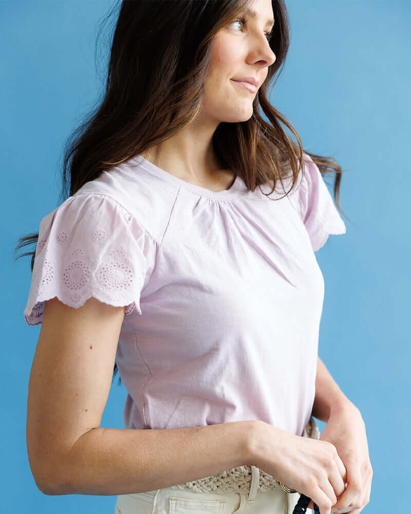Lovely Eyelet Tee from Downeast featuring soft cotton and delicate eyelet sleeves, perfect for a fresh summer look.
