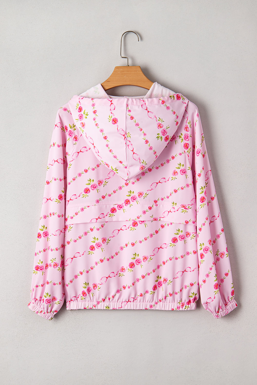 Pink Floral Print Half Zip Drawstring Hoodie Kangaroo Pouch