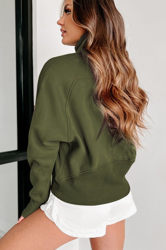 Green Zip Stand Collar Ribbed Thumbhole Sleeve Sweatshirt