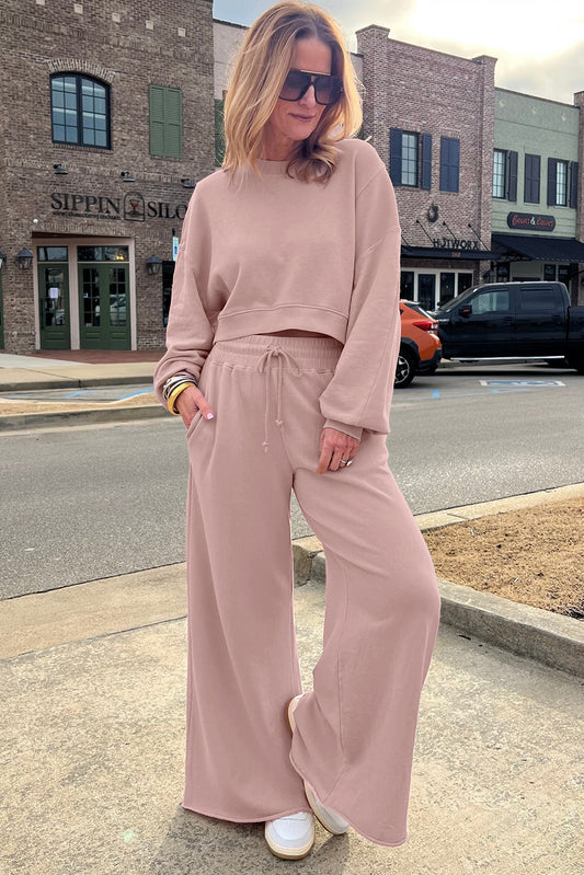 Light Pink Drop Shoulder Crop Top Set With Drawstring Pants