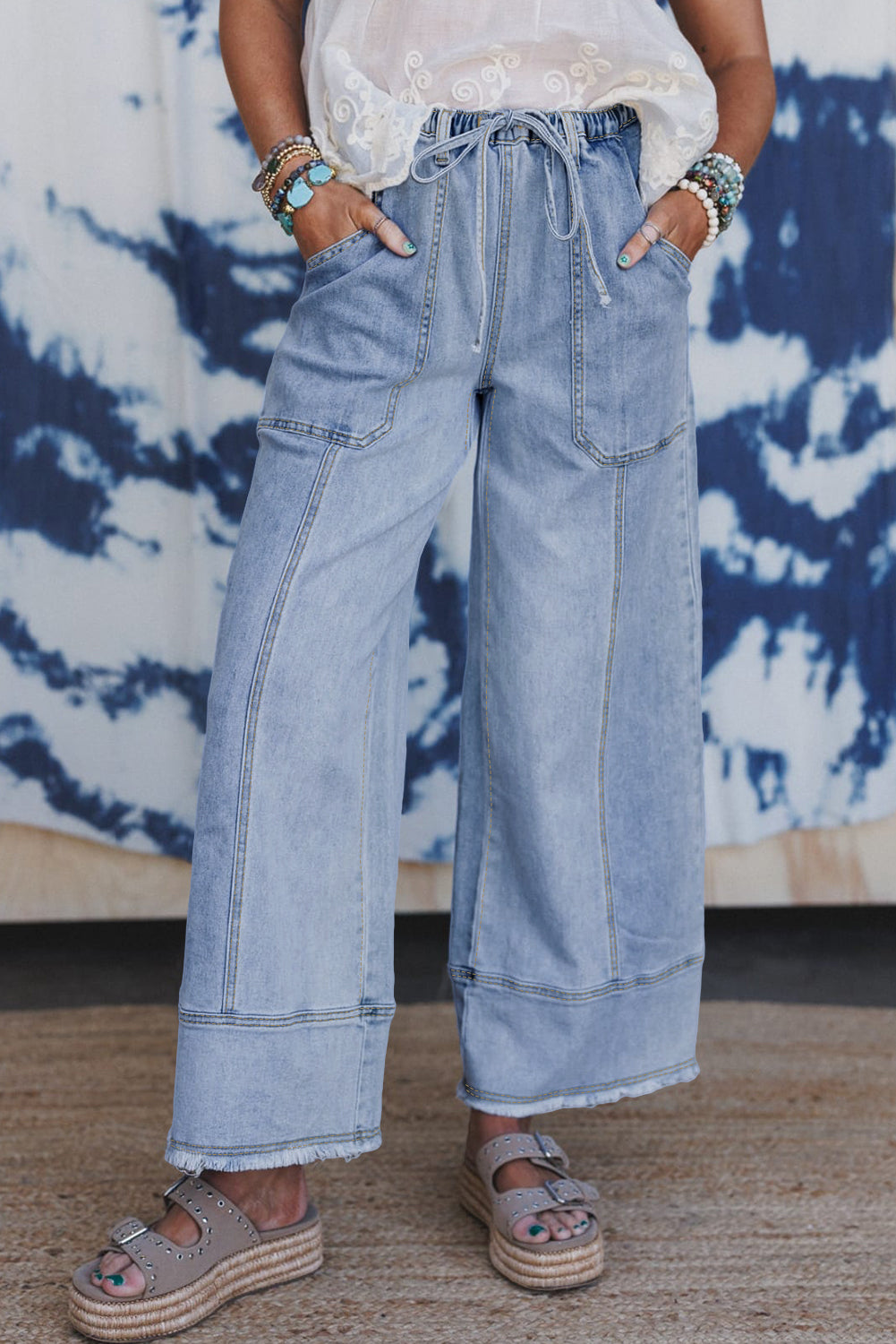 Beau Blue Drawstring Wide Leg Jeans with Raw Hem Detail