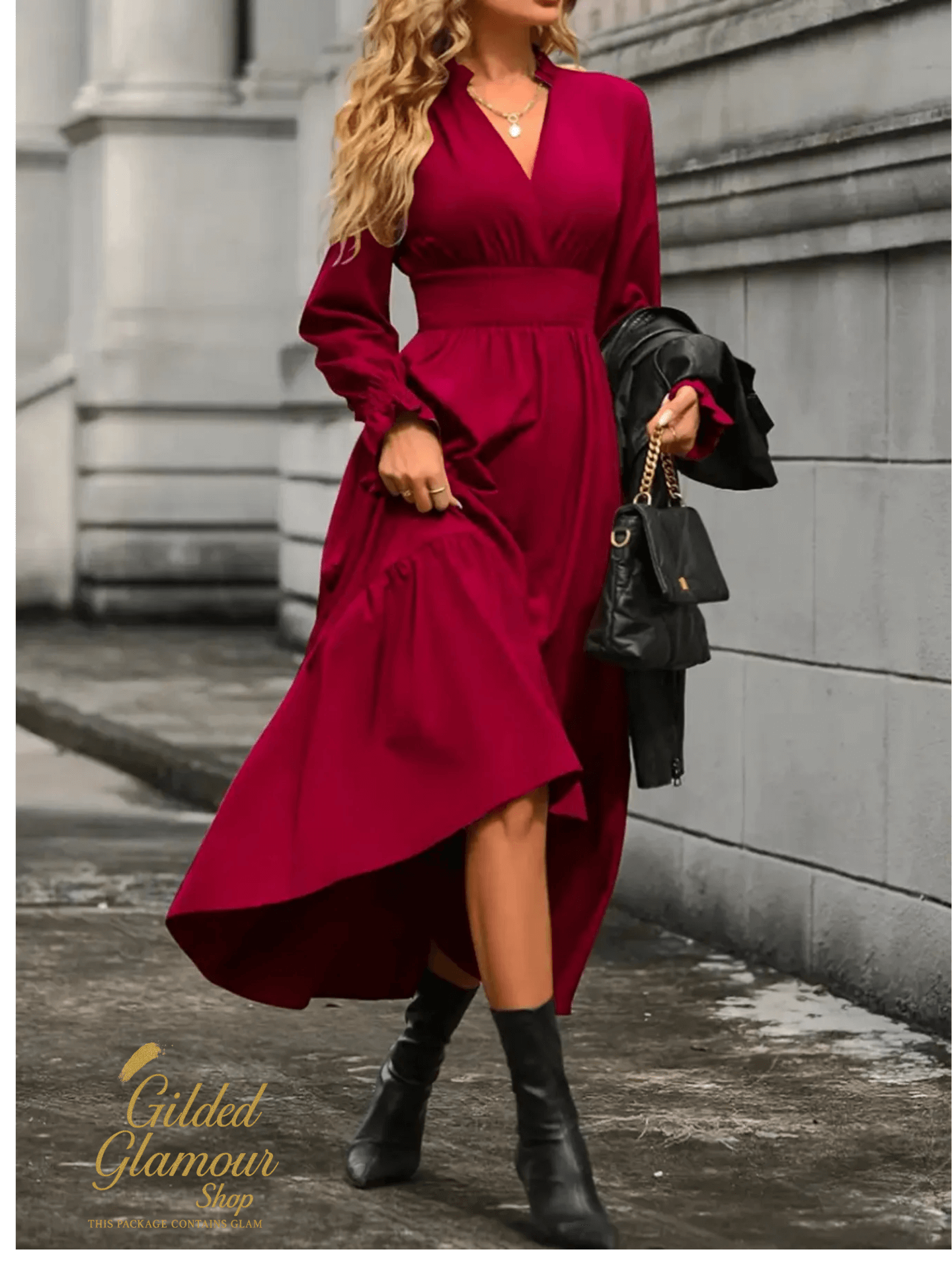 Notched Long Sleeve Tiered Dress