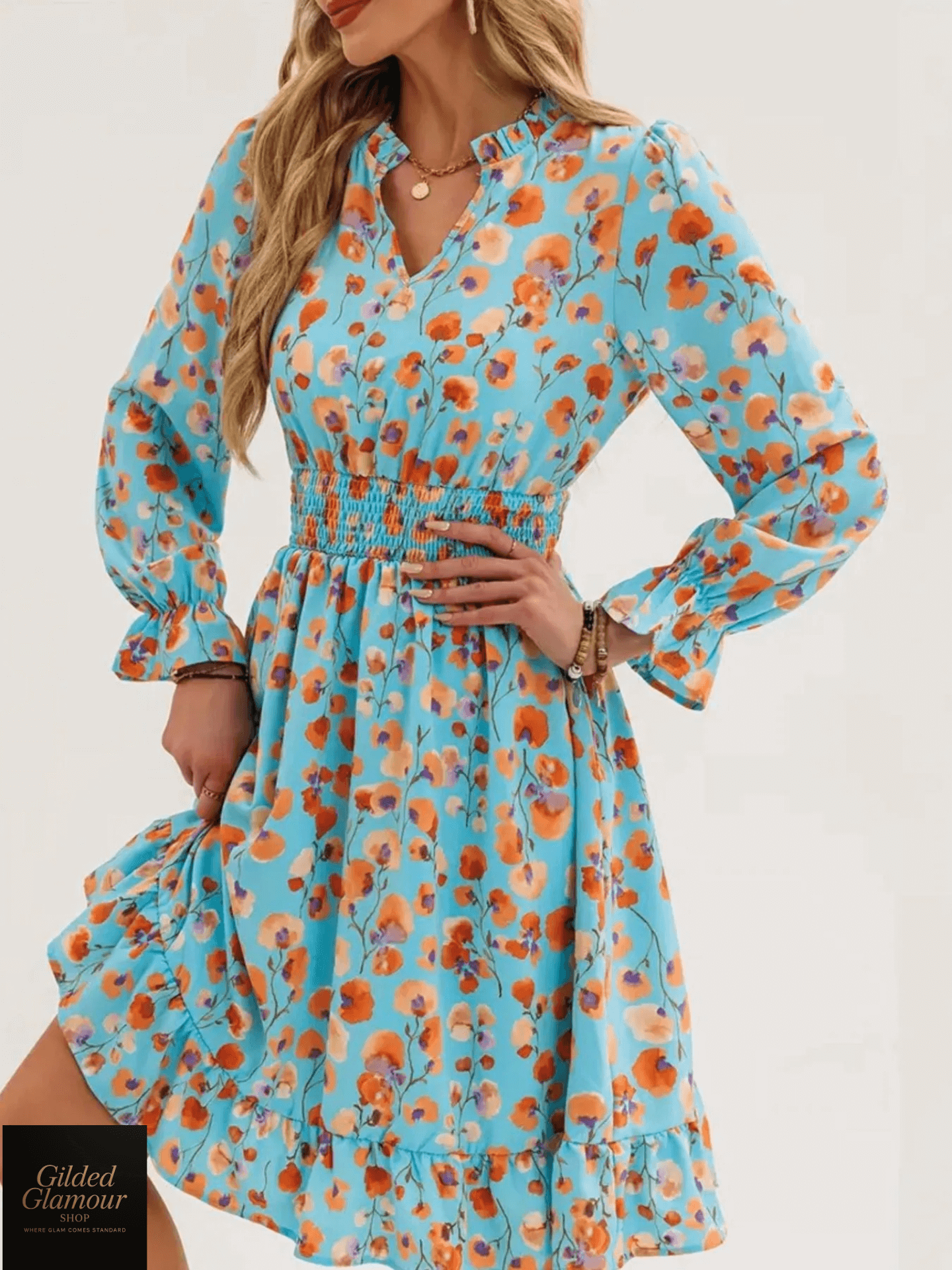 Vestido elegante con estampado floral, mangas con volantes y dobladillo con volantes