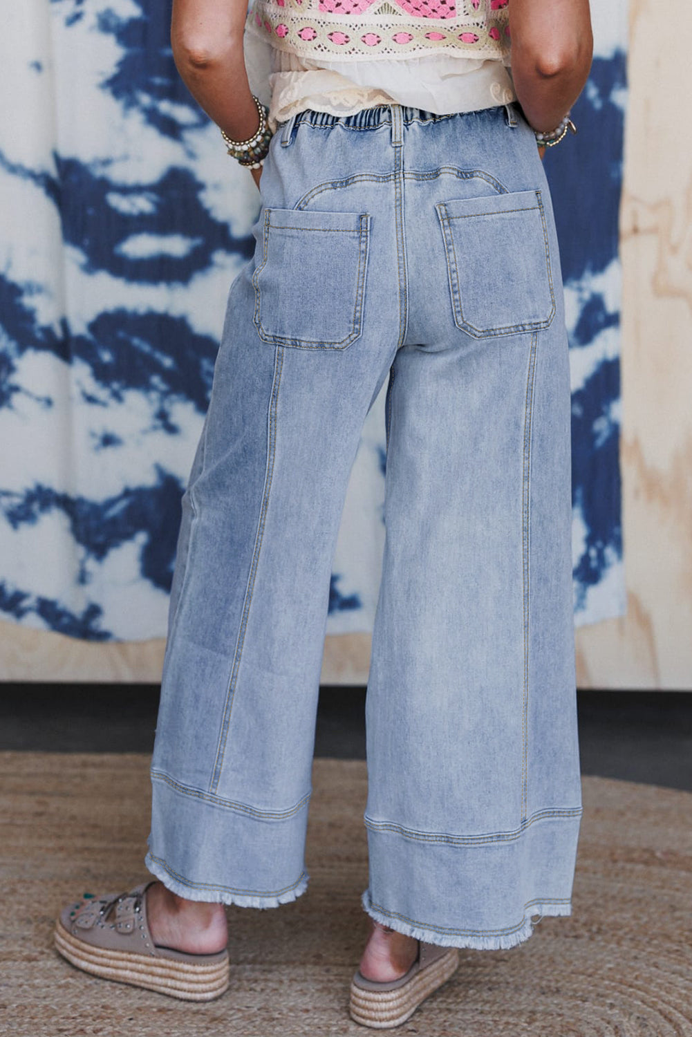 Beau Blue Drawstring Wide Leg Jeans with Raw Hem Detail