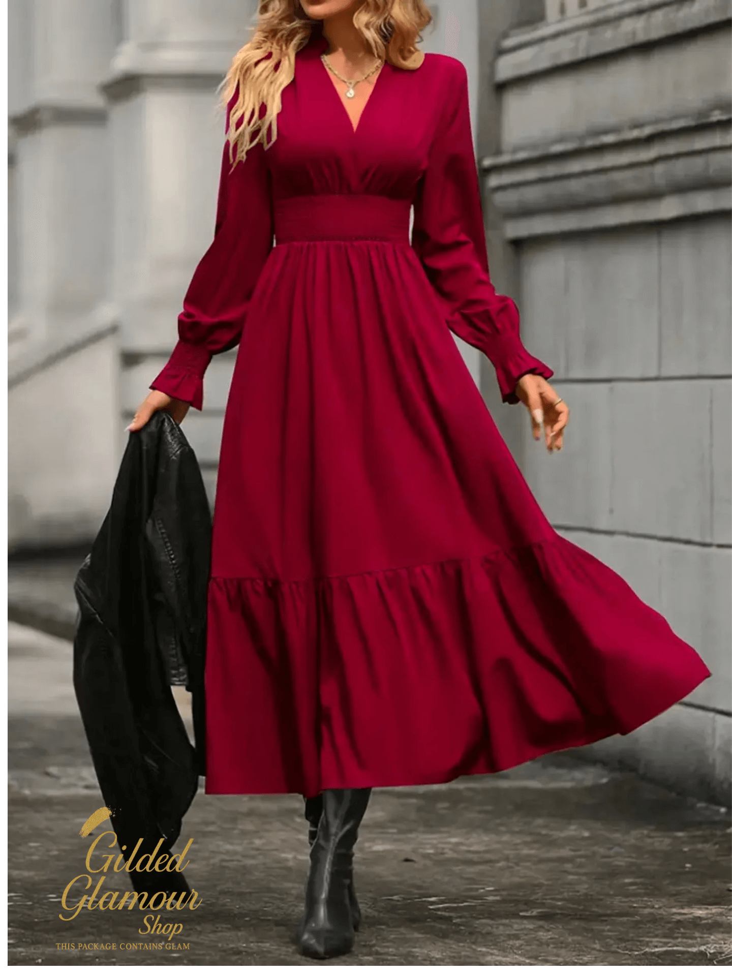 Notched Long Sleeve Tiered Dress