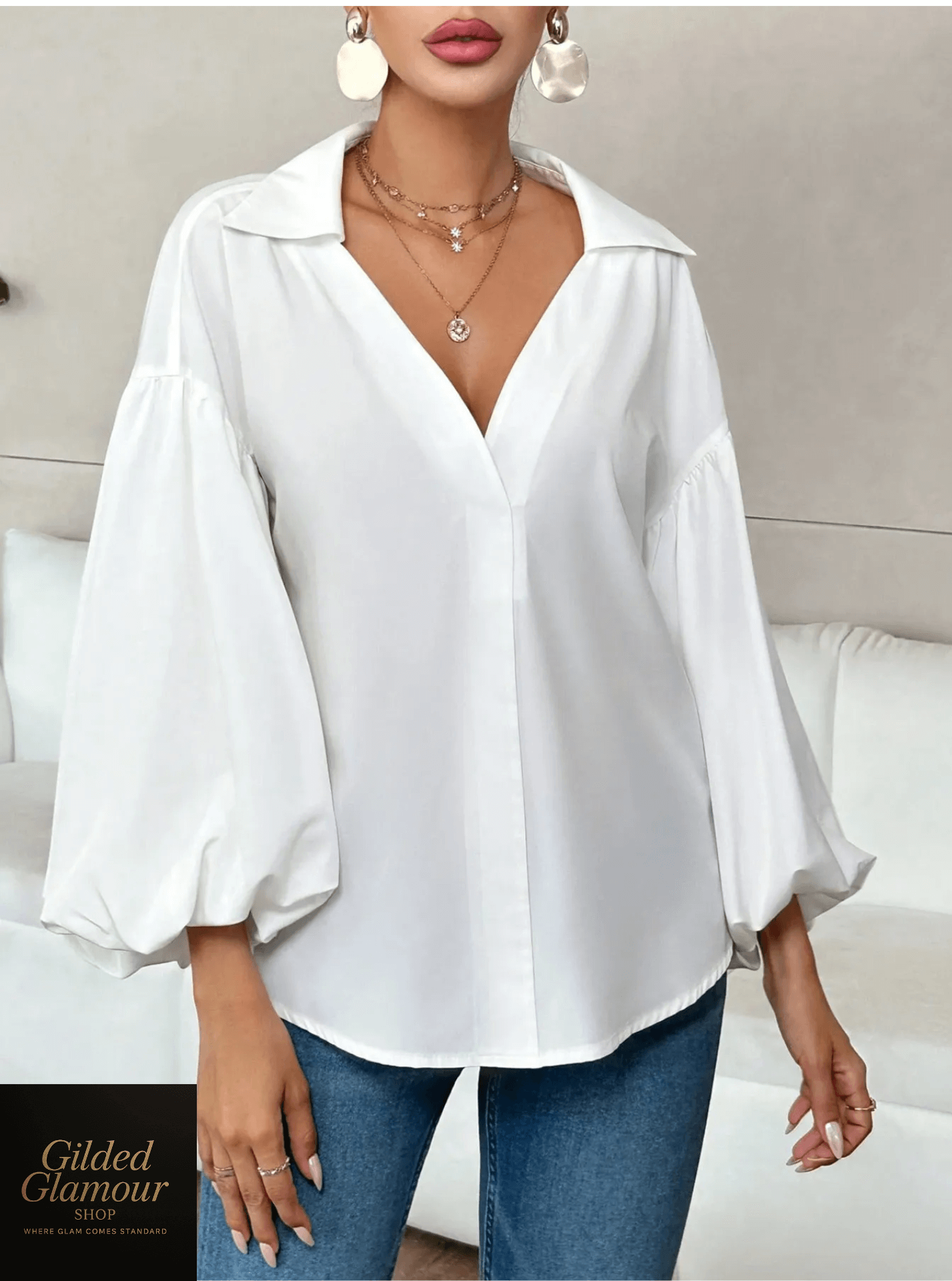 Polka Dot Balloon Sleeve Blouse