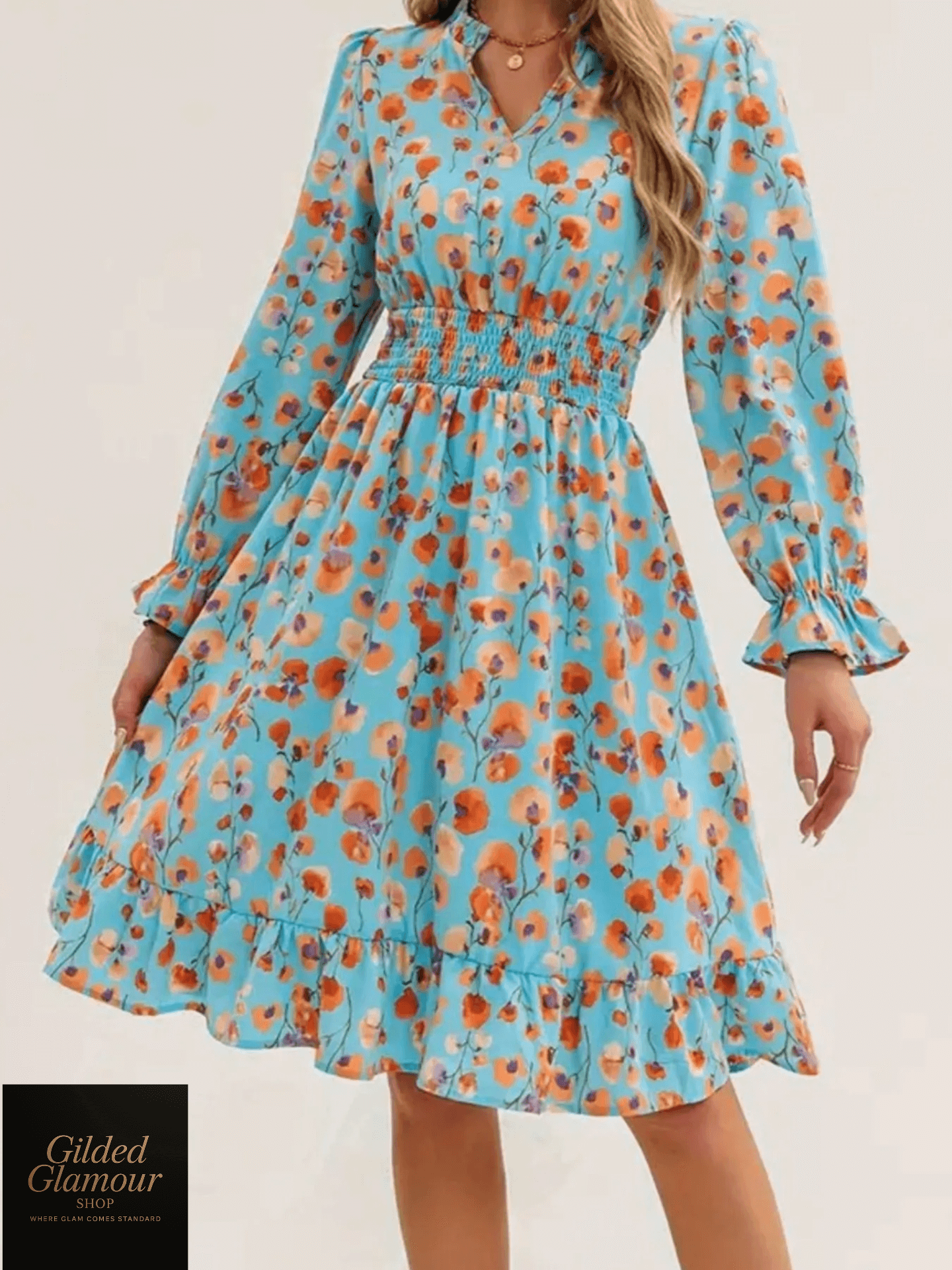 Vestido elegante con estampado floral, mangas con volantes y dobladillo con volantes