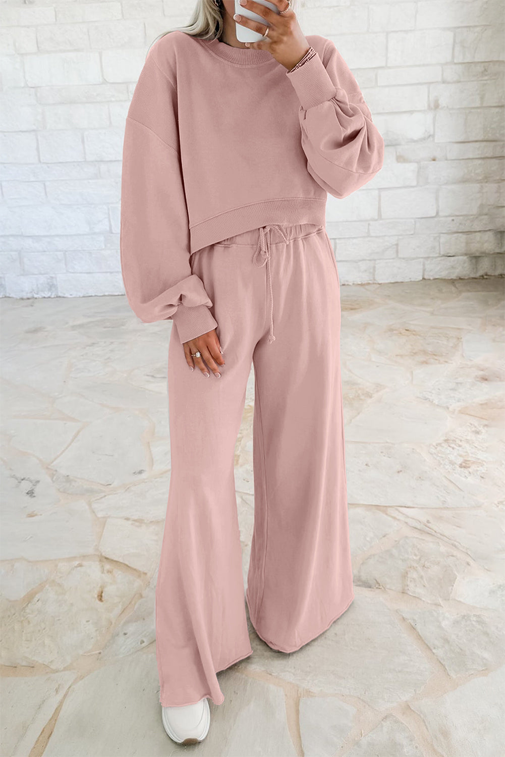 Light Pink Drop Shoulder Crop Top Set With Drawstring Pants