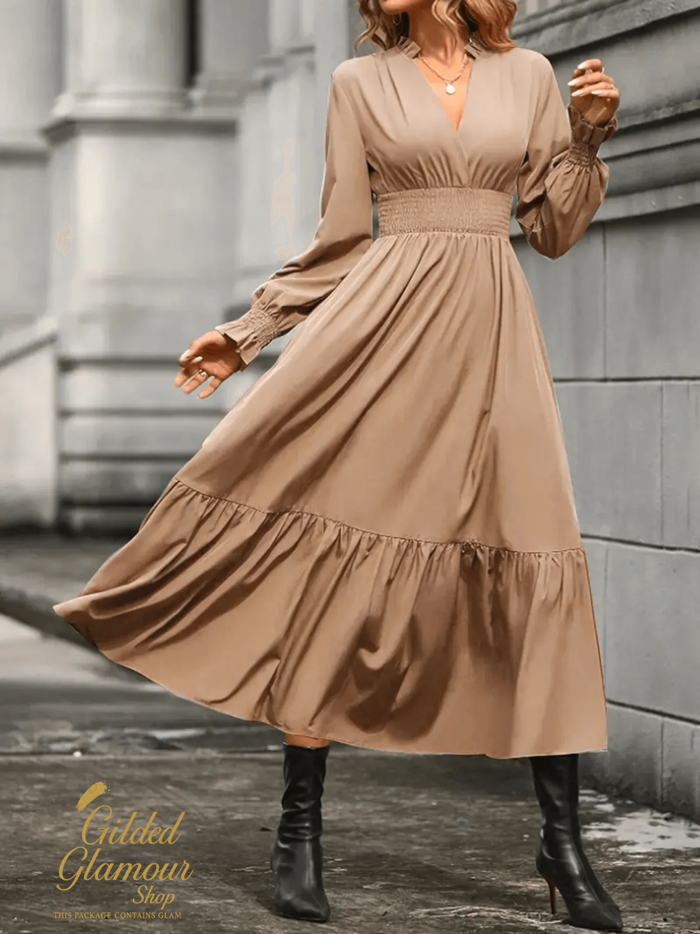Notched Long Sleeve Tiered Dress