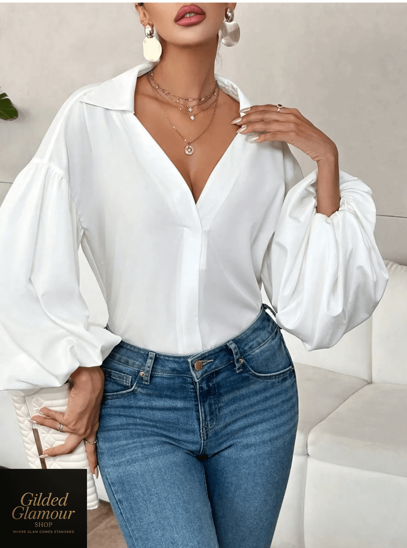 Polka Dot Balloon Sleeve Blouse