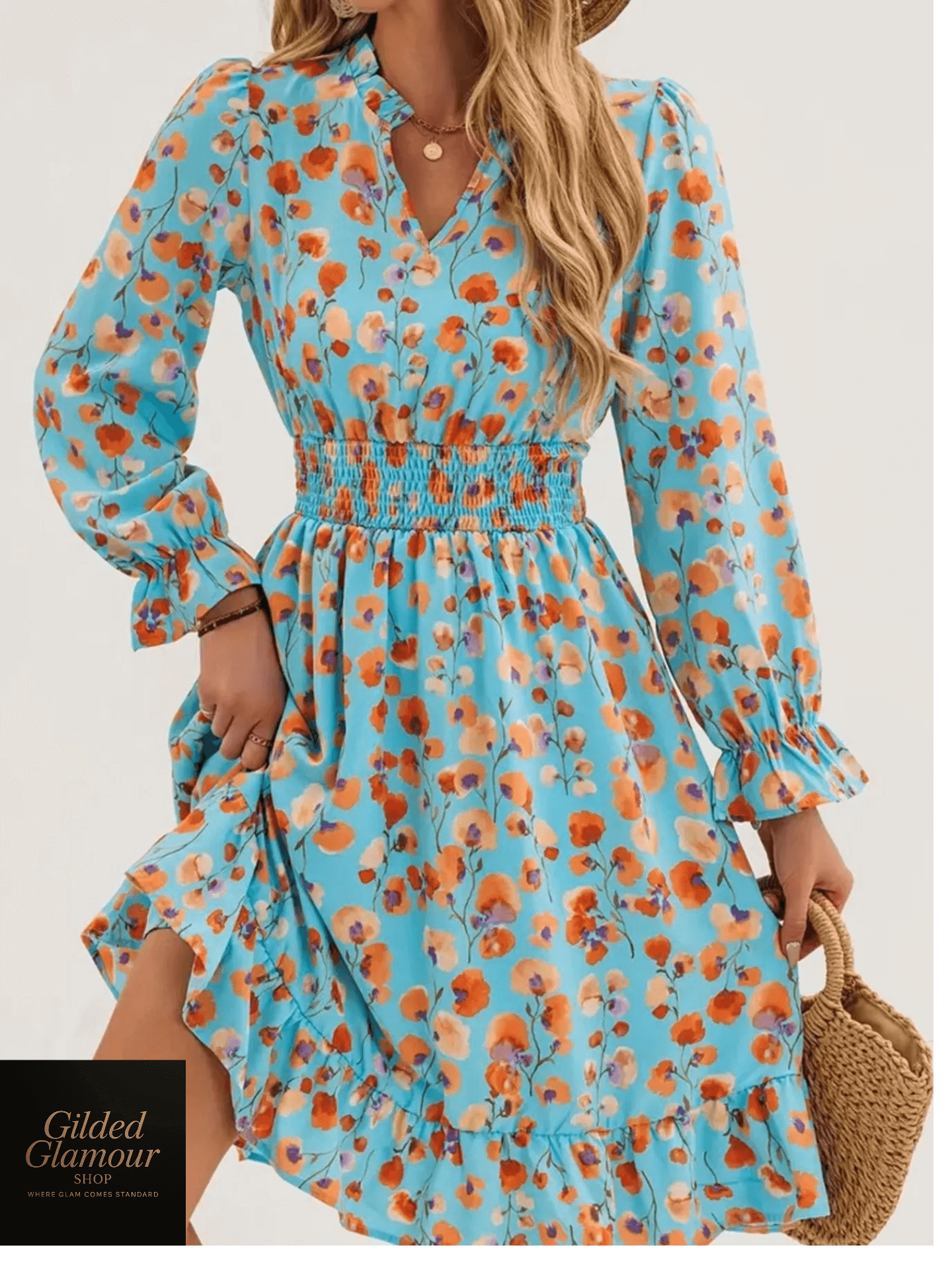 Vestido elegante con estampado floral, mangas con volantes y dobladillo con volantes