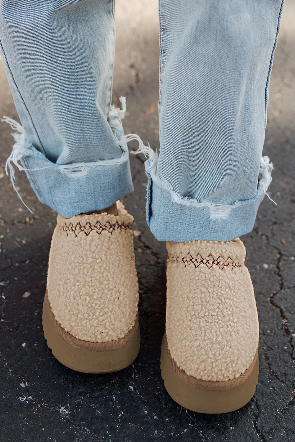 Oatmeal Suede Contrast Plush Slippers With Thick Sole