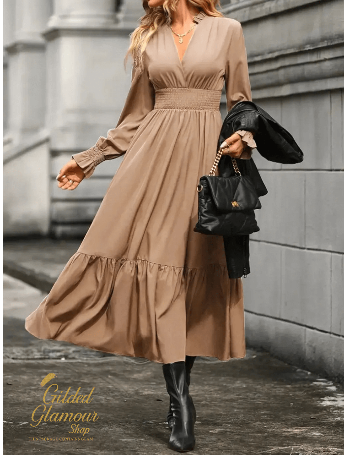 Notched Long Sleeve Tiered Dress