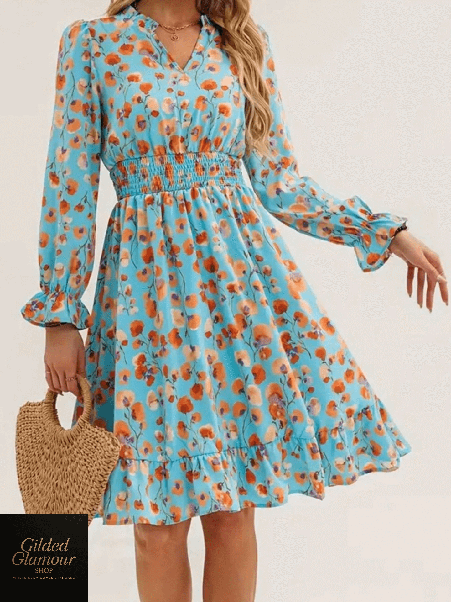 Vestido elegante con estampado floral, mangas con volantes y dobladillo con volantes