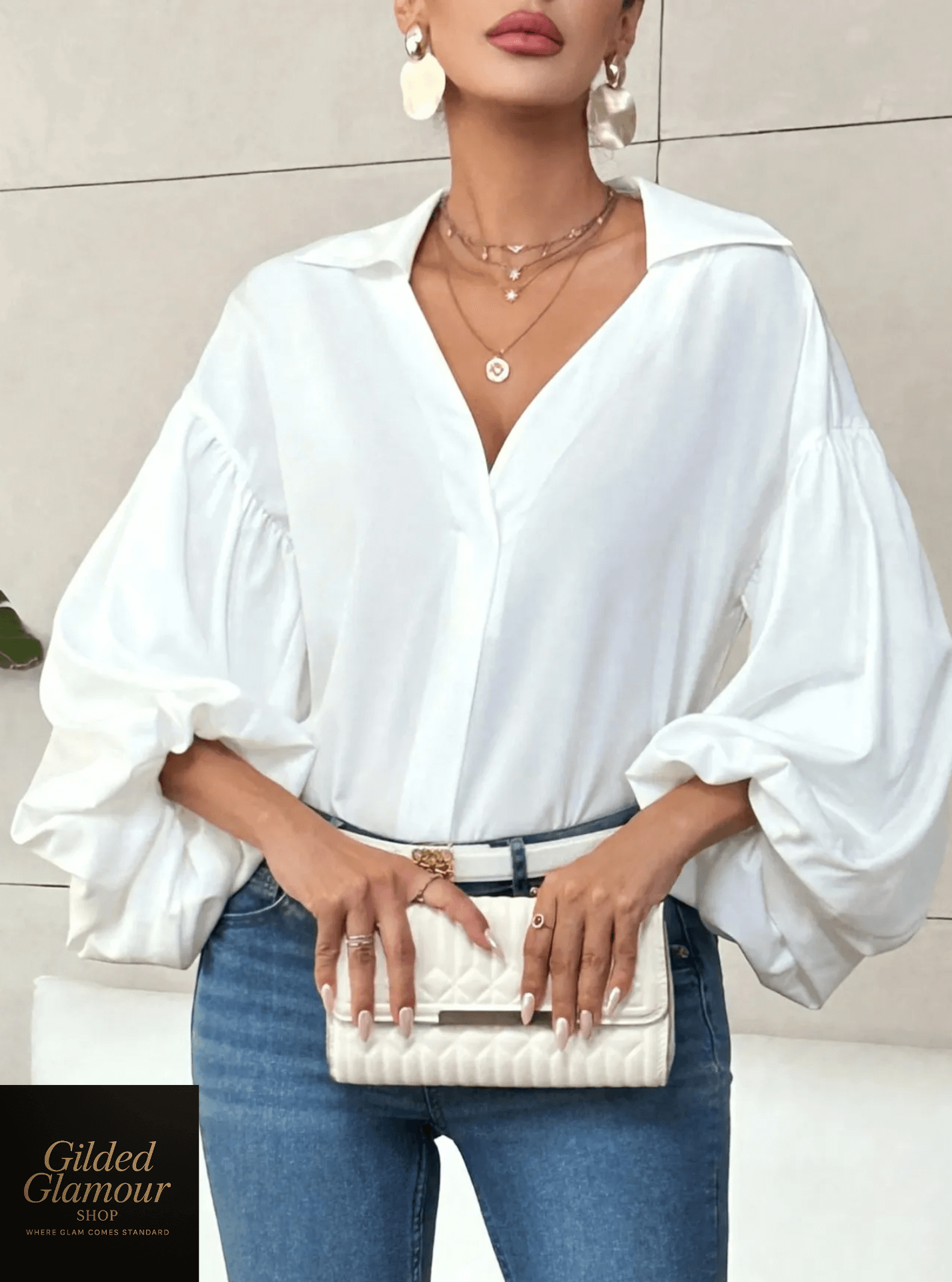 Polka Dot Balloon Sleeve Blouse