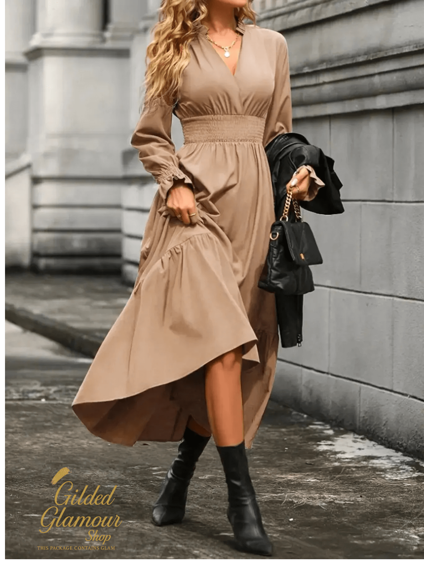 Notched Long Sleeve Tiered Dress
