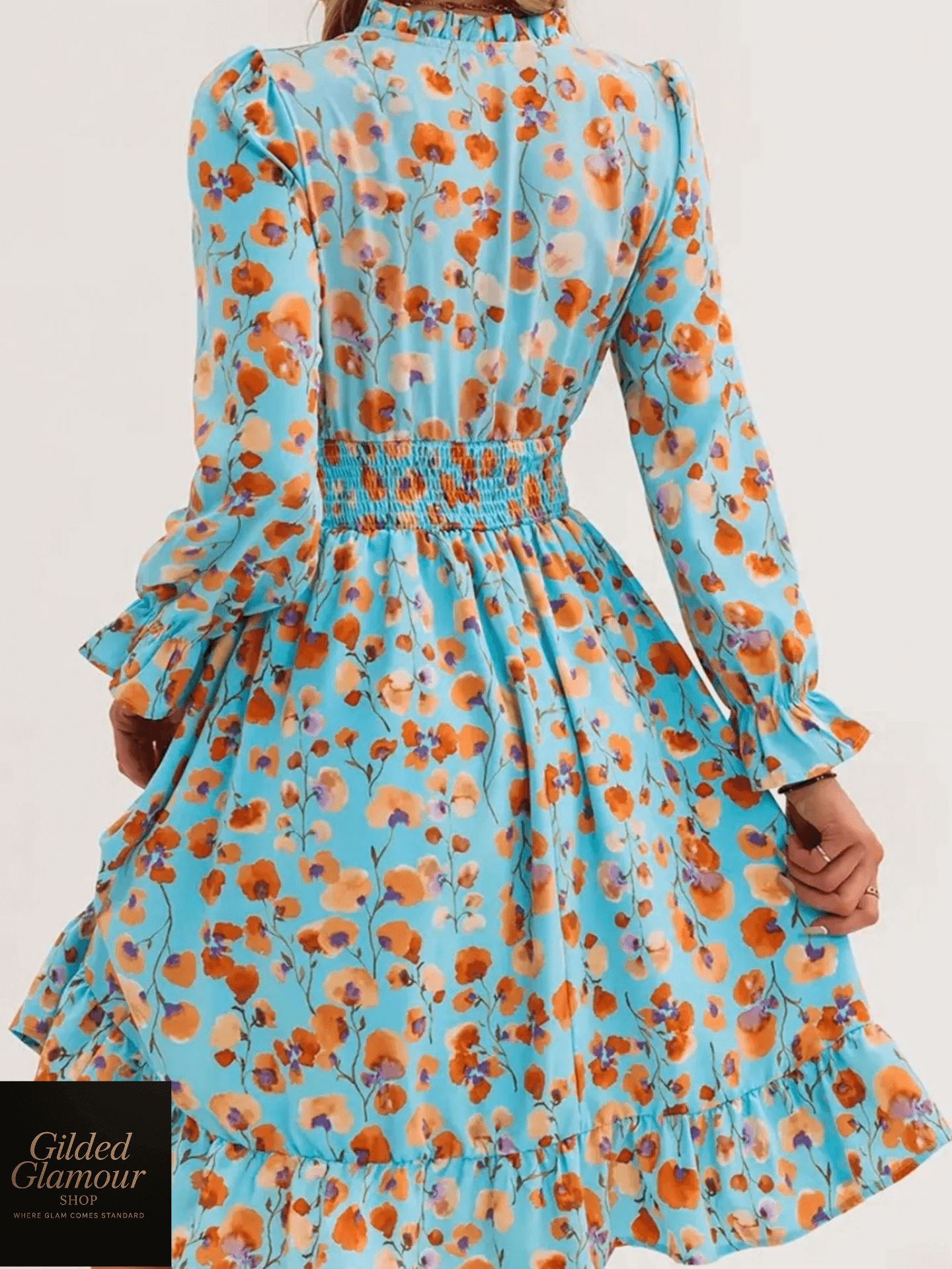 Vestido elegante con estampado floral, mangas con volantes y dobladillo con volantes