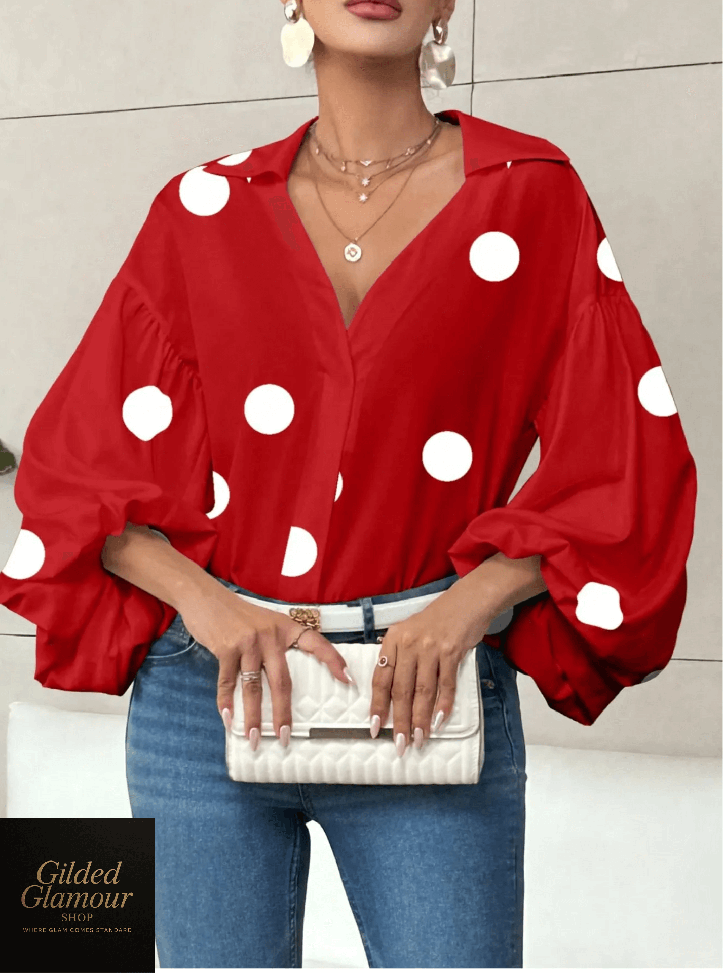 Polka Dot Balloon Sleeve Blouse