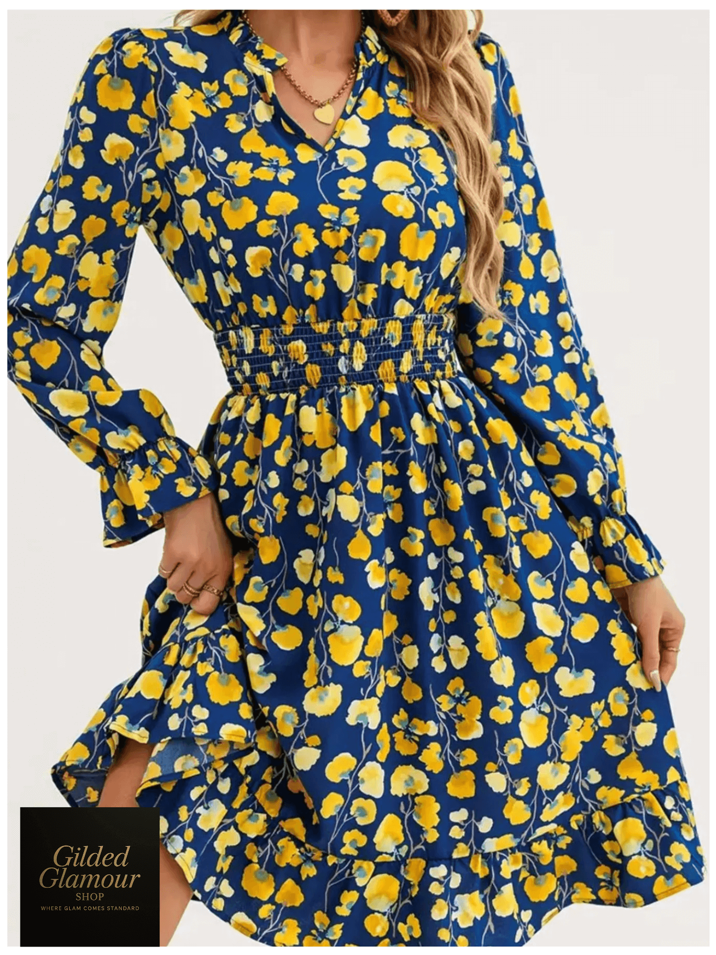 Vestido elegante con estampado floral, mangas con volantes y dobladillo con volantes