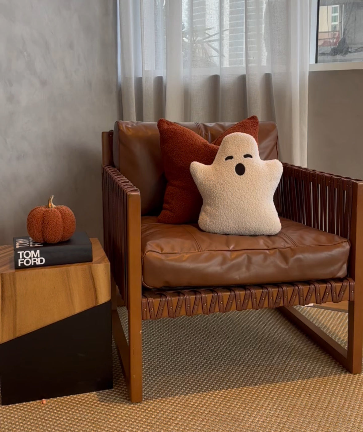 White Sherpa Ghost Pillow for Cozy Seasonal Halloween Decor