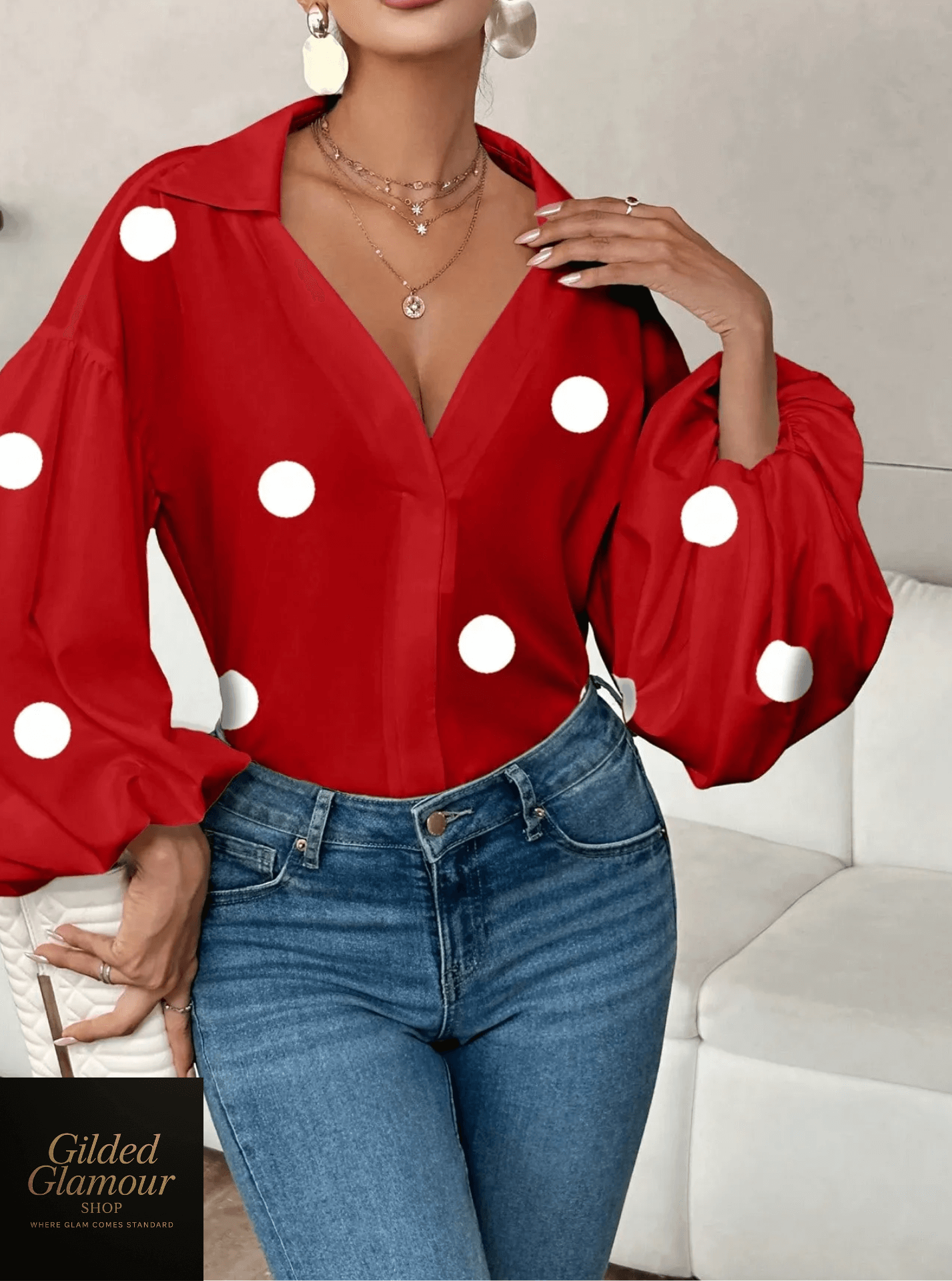 Polka Dot Balloon Sleeve Blouse