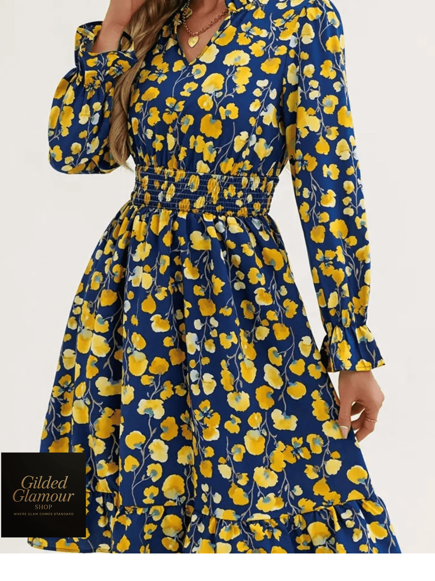 Vestido elegante con estampado floral, mangas con volantes y dobladillo con volantes