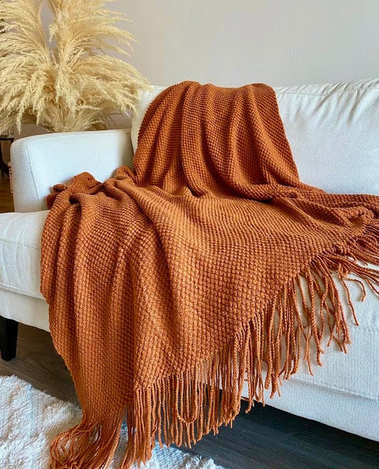 Geneva Burnt Orange Throw Blanket With Delicate Fringe