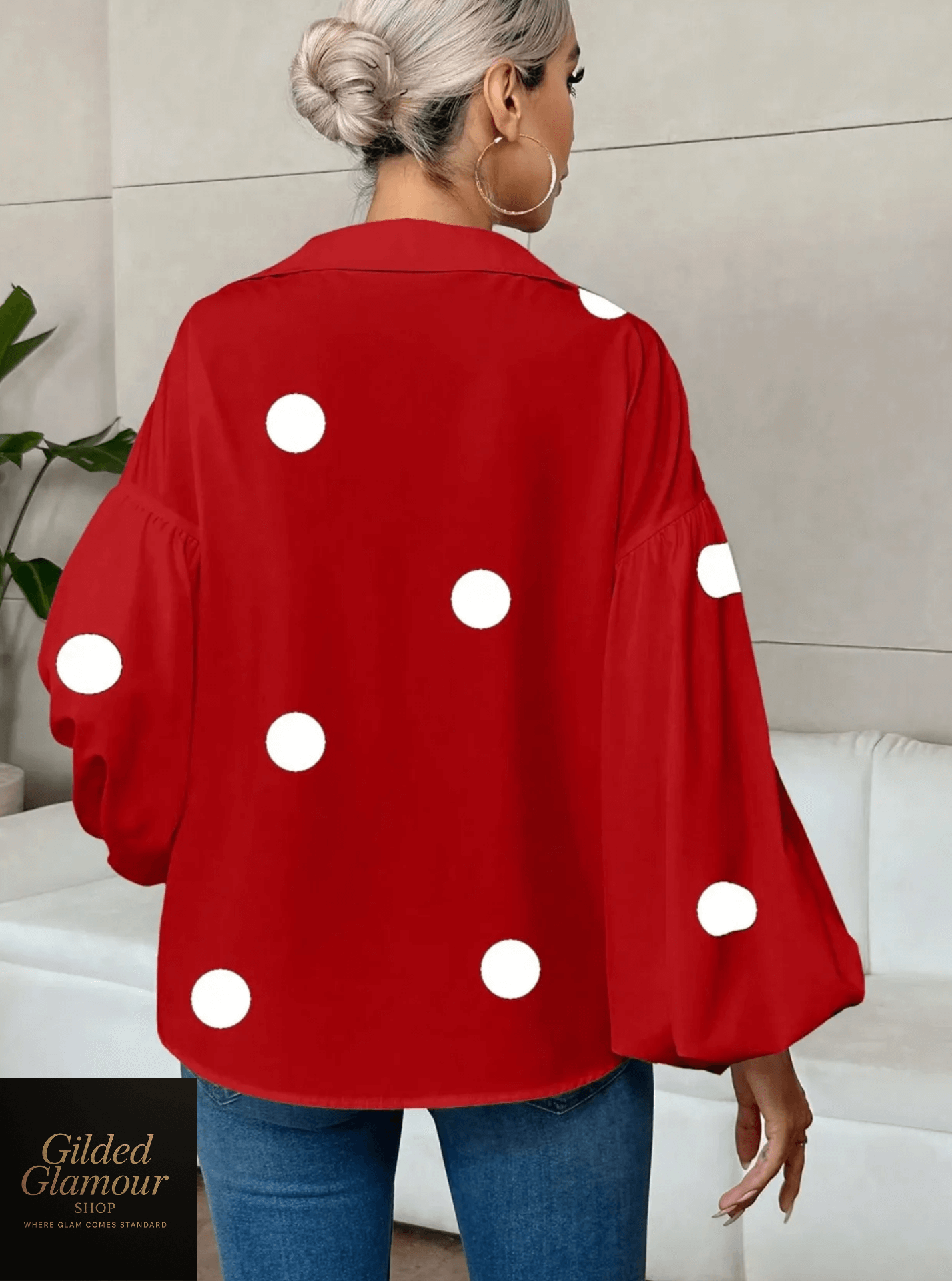 Polka Dot Balloon Sleeve Blouse