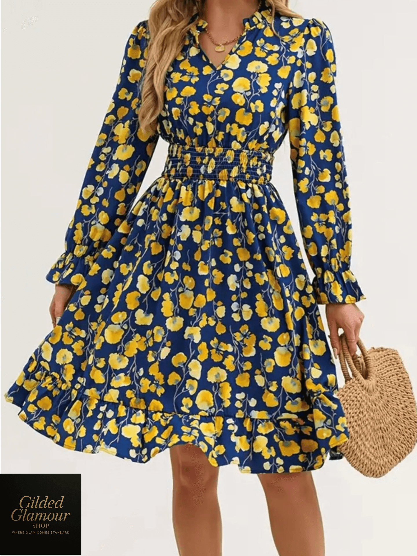 Vestido elegante con estampado floral, mangas con volantes y dobladillo con volantes