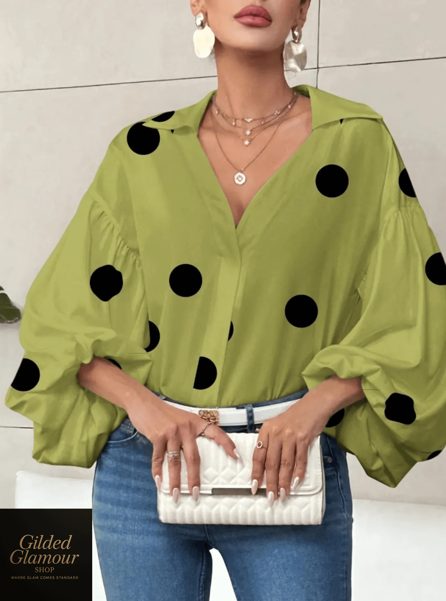 Polka Dot Balloon Sleeve Blouse