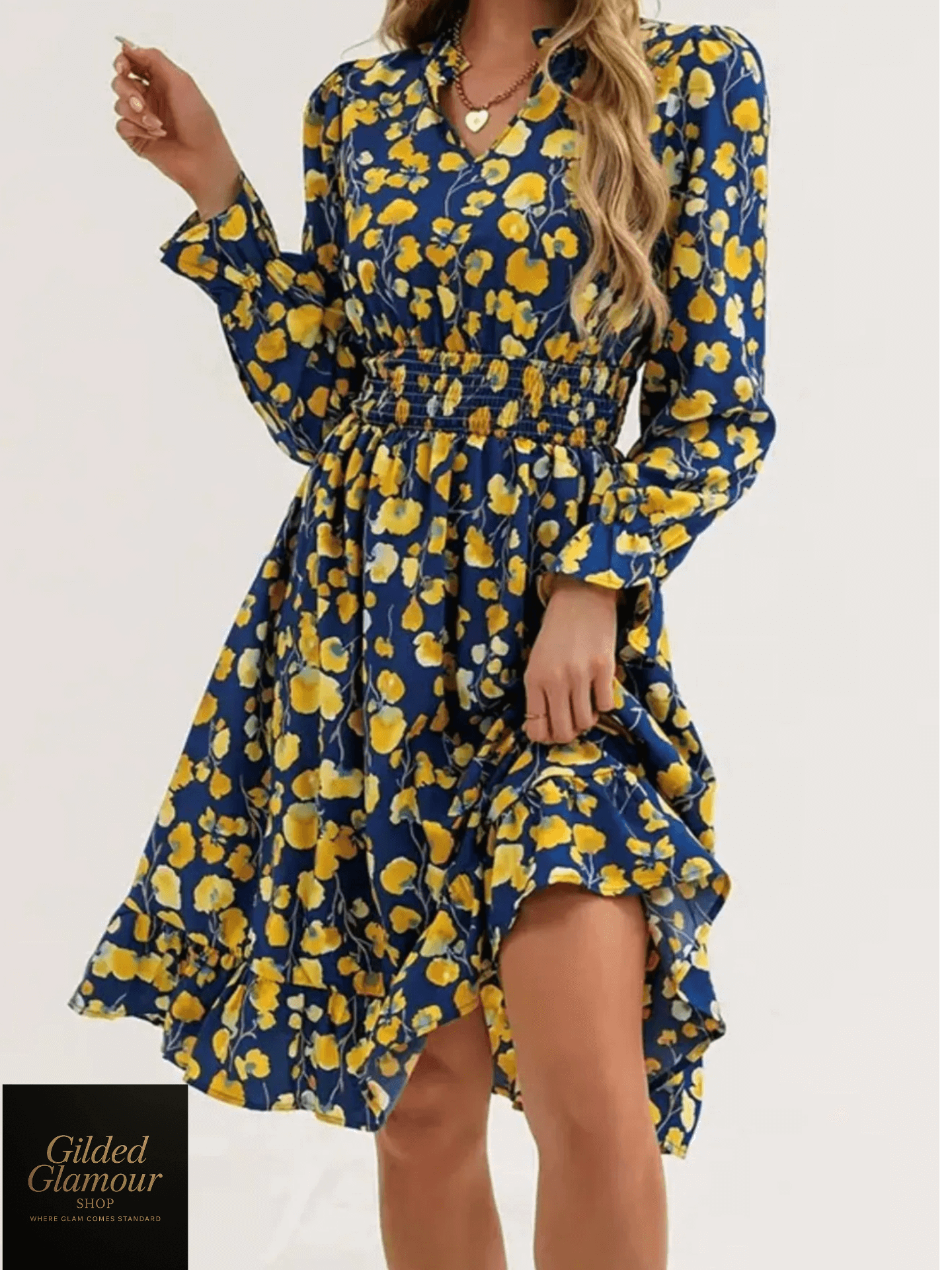 Vestido elegante con estampado floral, mangas con volantes y dobladillo con volantes