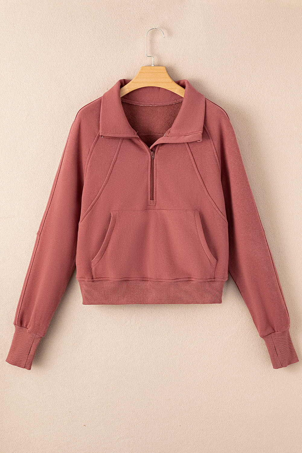 Green Zip Stand Collar Ribbed Thumbhole Sleeve Sweatshirt
