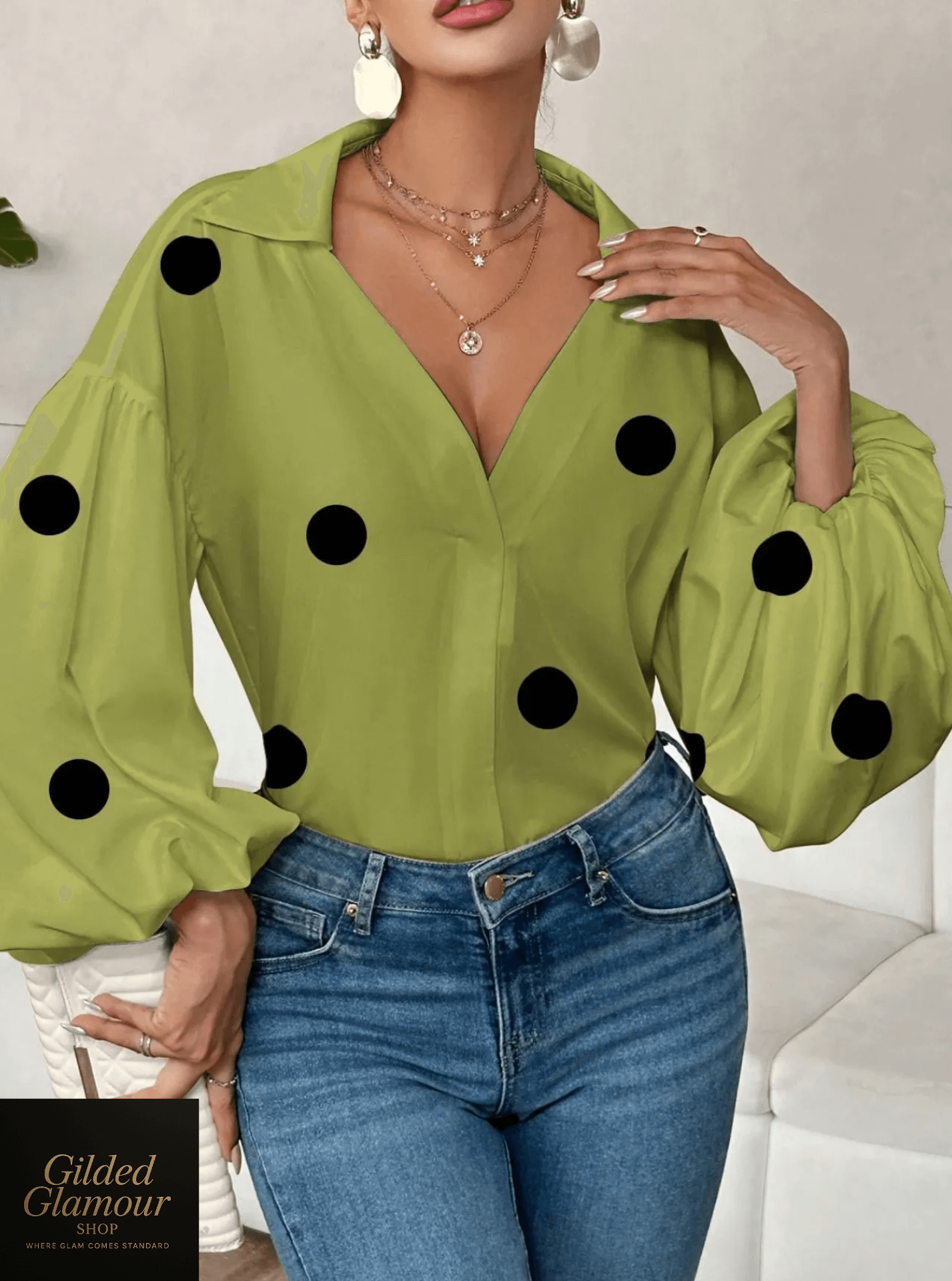 Polka Dot Balloon Sleeve Blouse