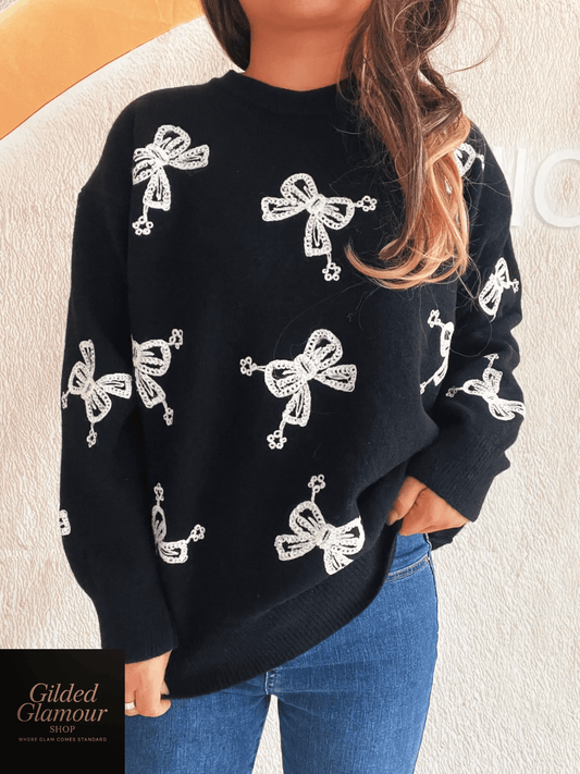 Bow Round Neck Long Sleeve Knit Sweater Womens Pullover