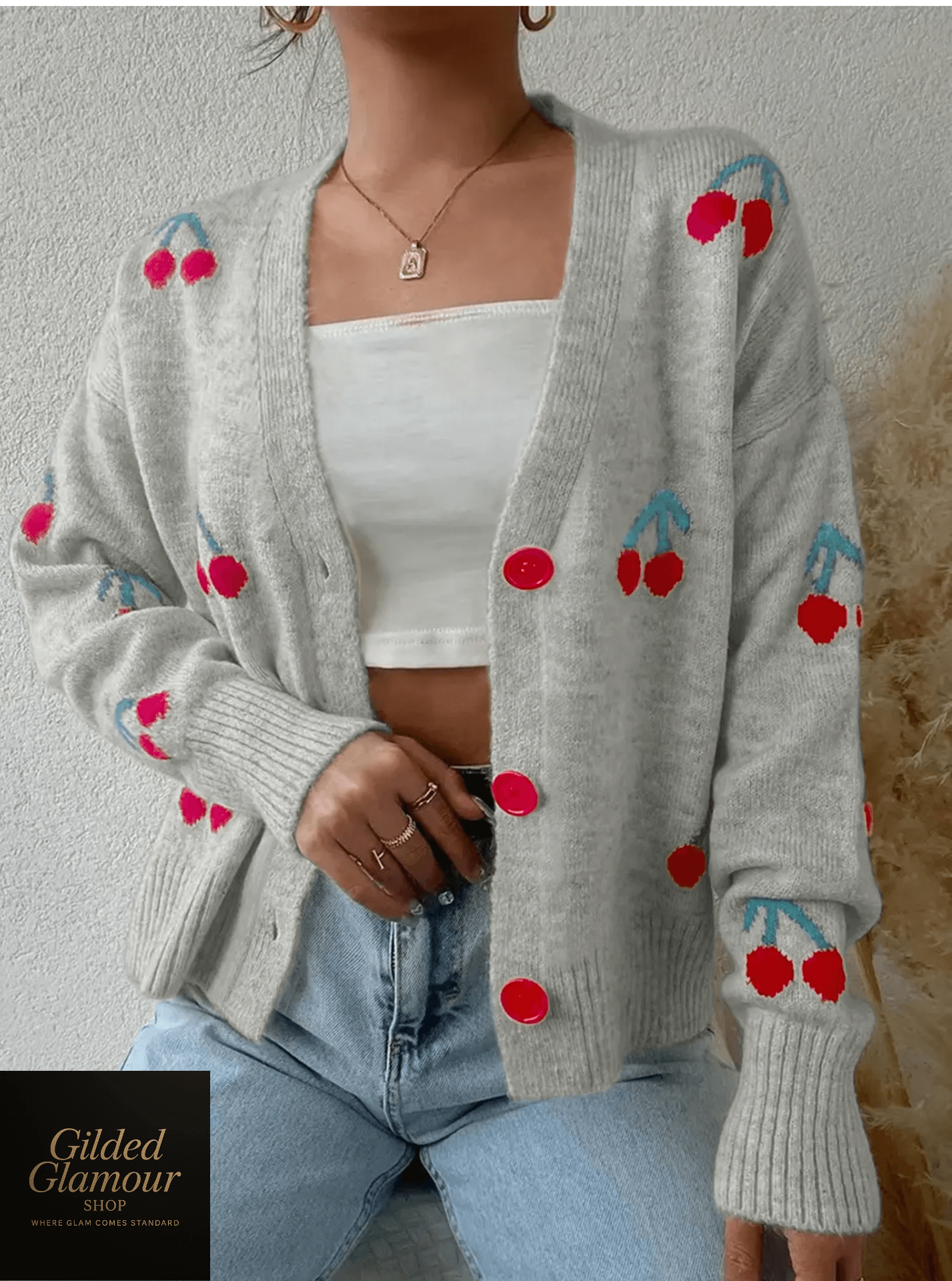 Cárdigan de punto con botones de cereza para mujer, ligero y acogedor