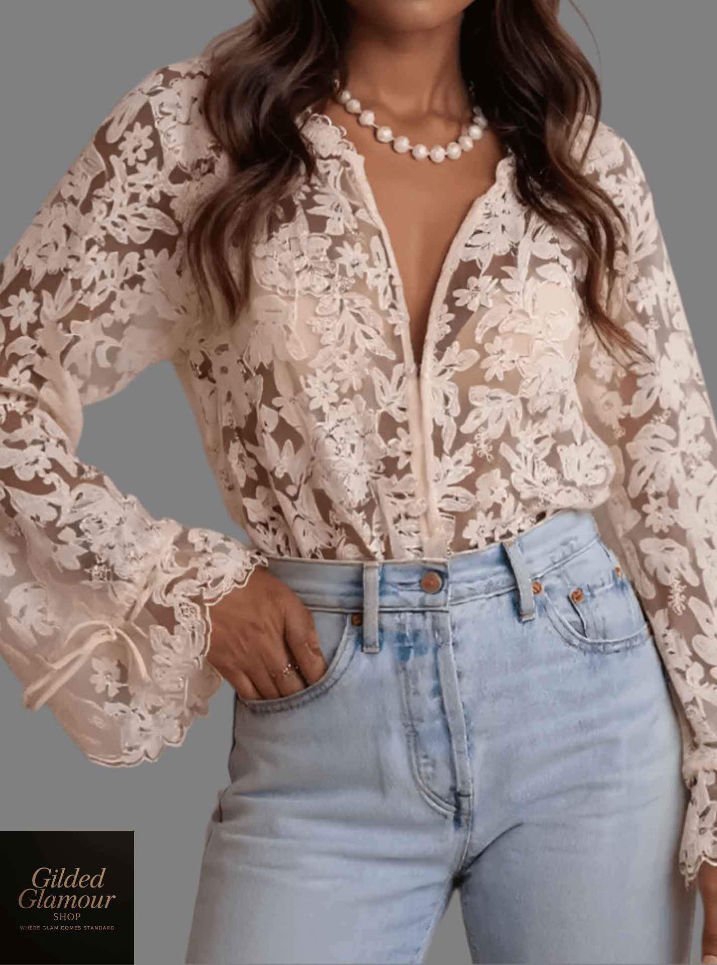 Lace Button Up Long Sleeve Shirt