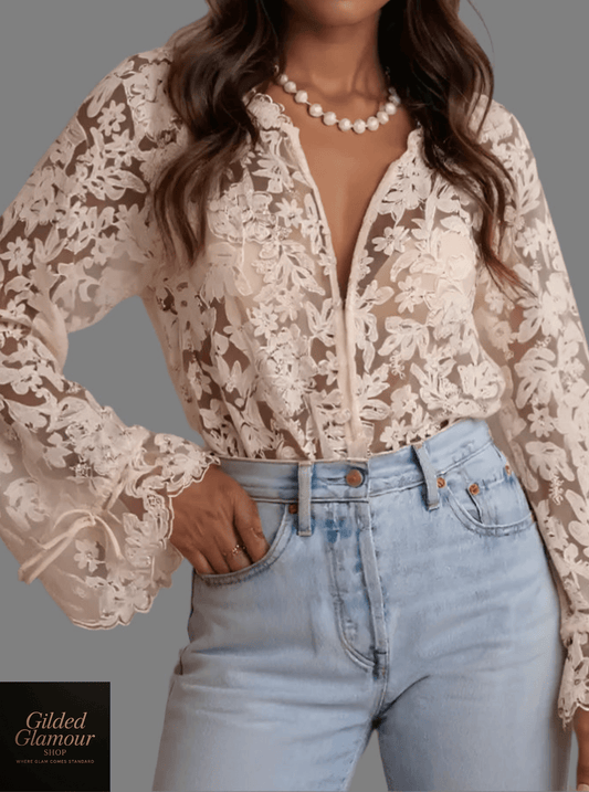 Lace Button Up Long Sleeve Shirt