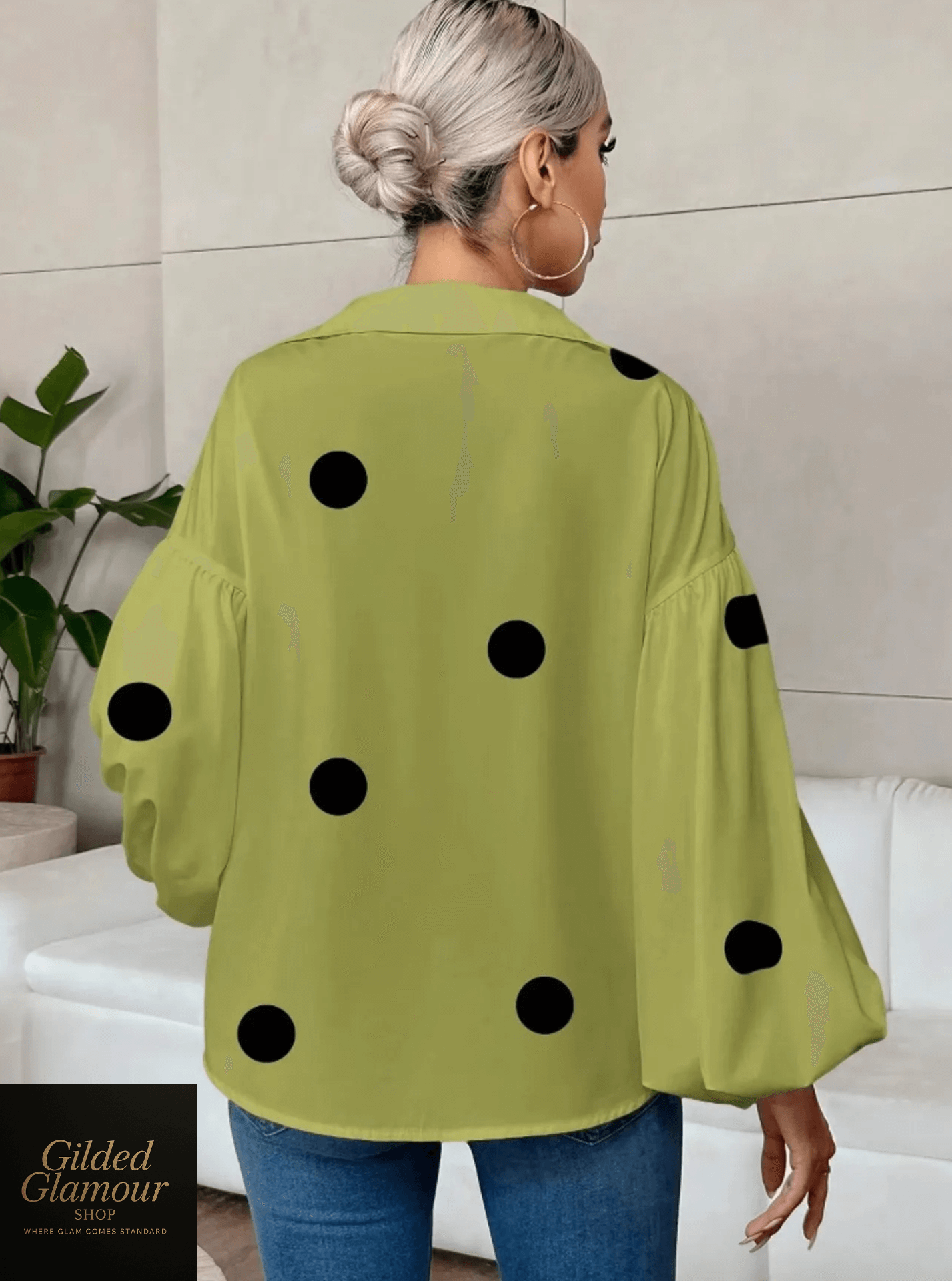 Polka Dot Balloon Sleeve Blouse