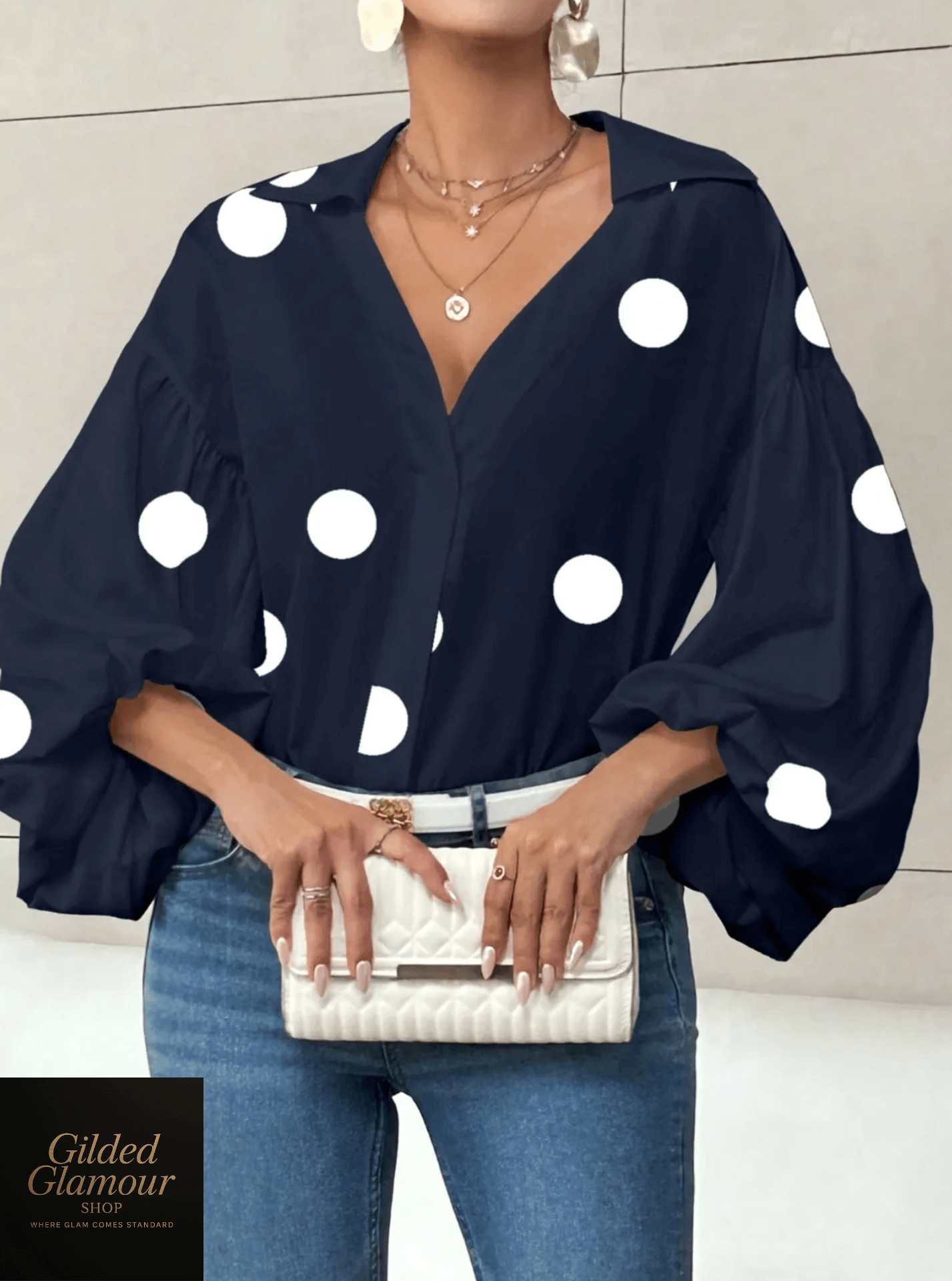 Polka Dot Balloon Sleeve Blouse