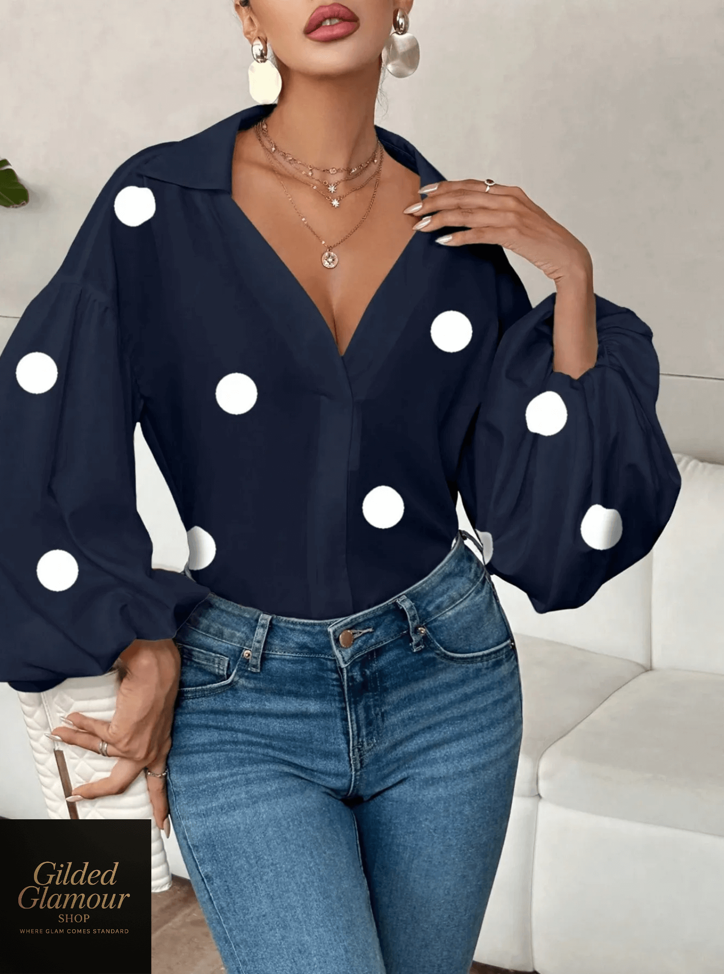 Polka Dot Balloon Sleeve Blouse