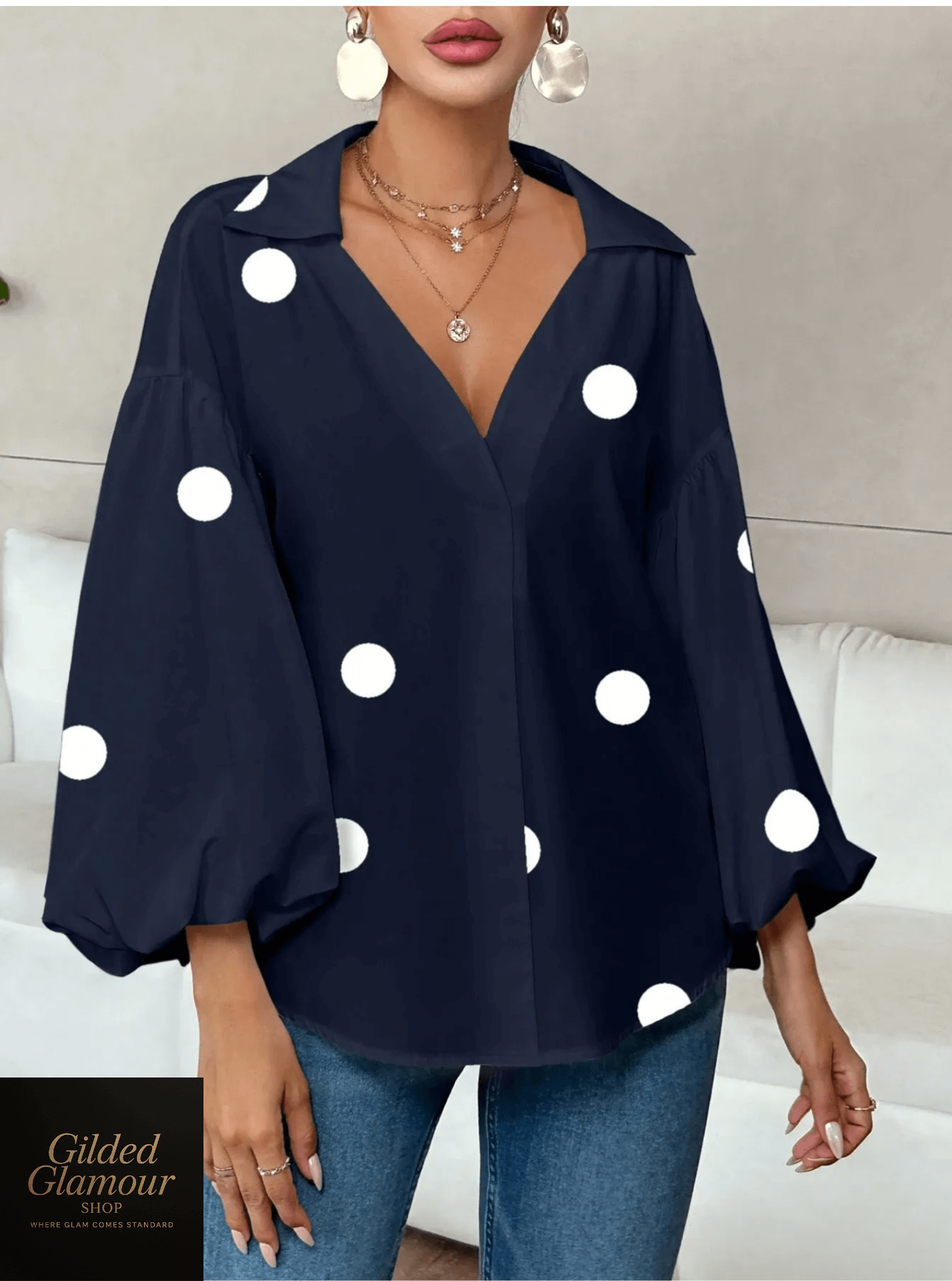 Polka Dot Balloon Sleeve Blouse
