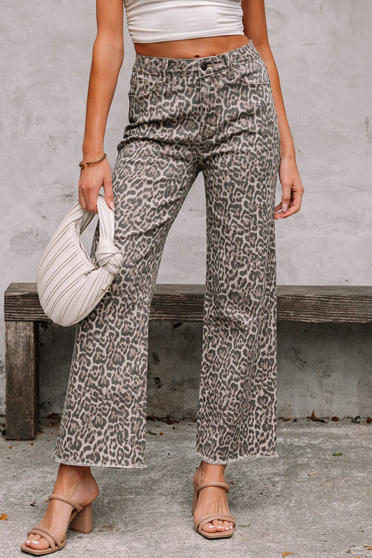 Step out in style with our Brown Leopard Frayed Edge Wide Leg High Waist Jeans! 🐆✨ #FashionGoals #JeansLove